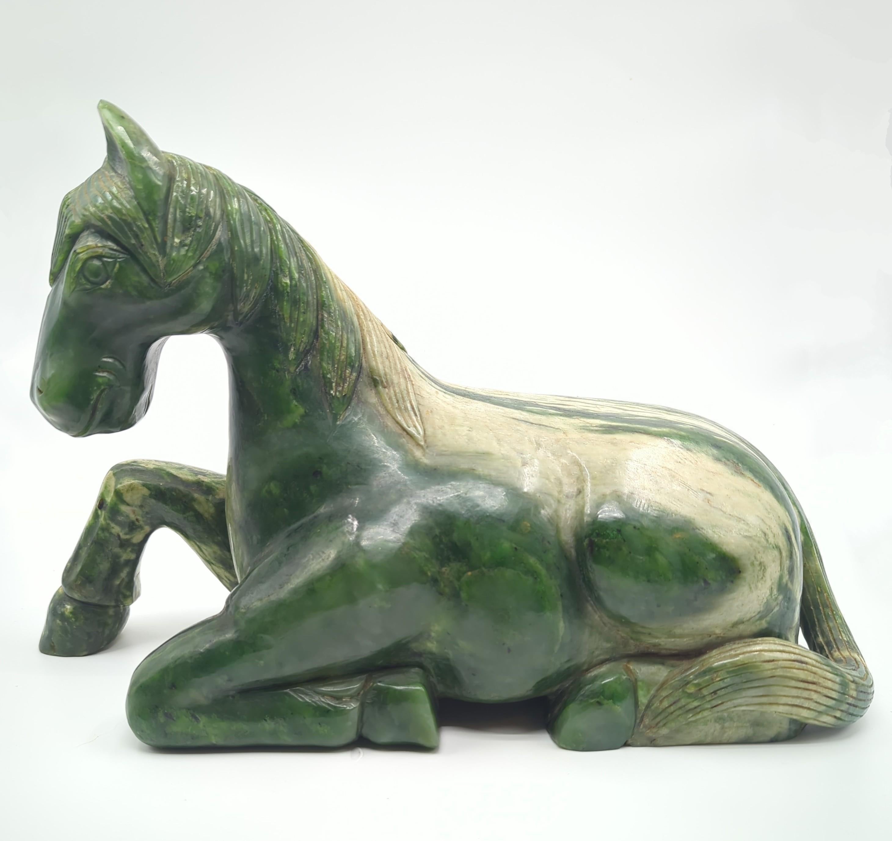 Monumental Chinese Spinach Jade Recumbent Tang Horse Rocky Variations 20th Cent. For Sale 6