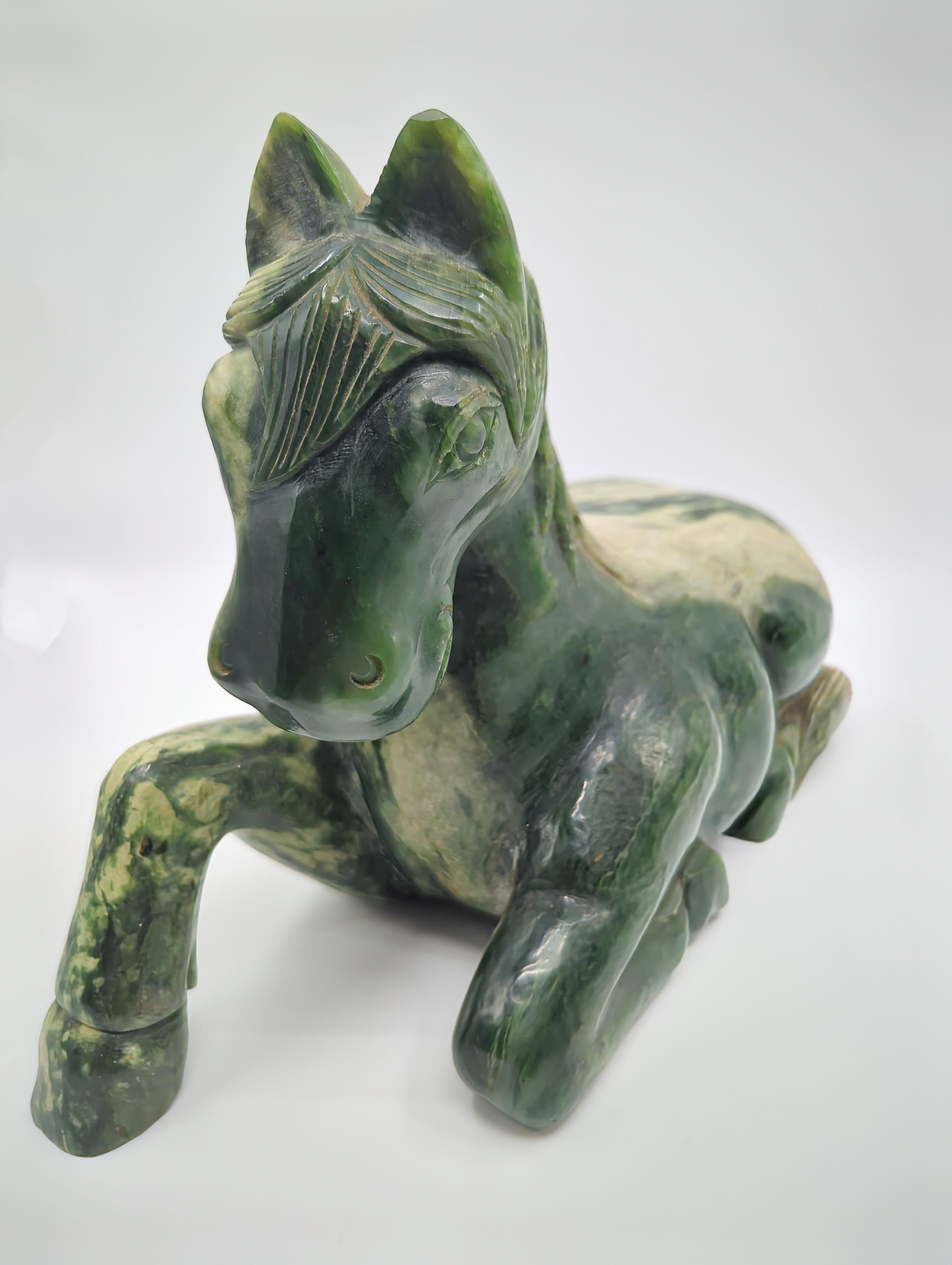 Monumental Chinese Spinach Jade Recumbent Tang Horse Rocky Variations 20th Cent. For Sale 7