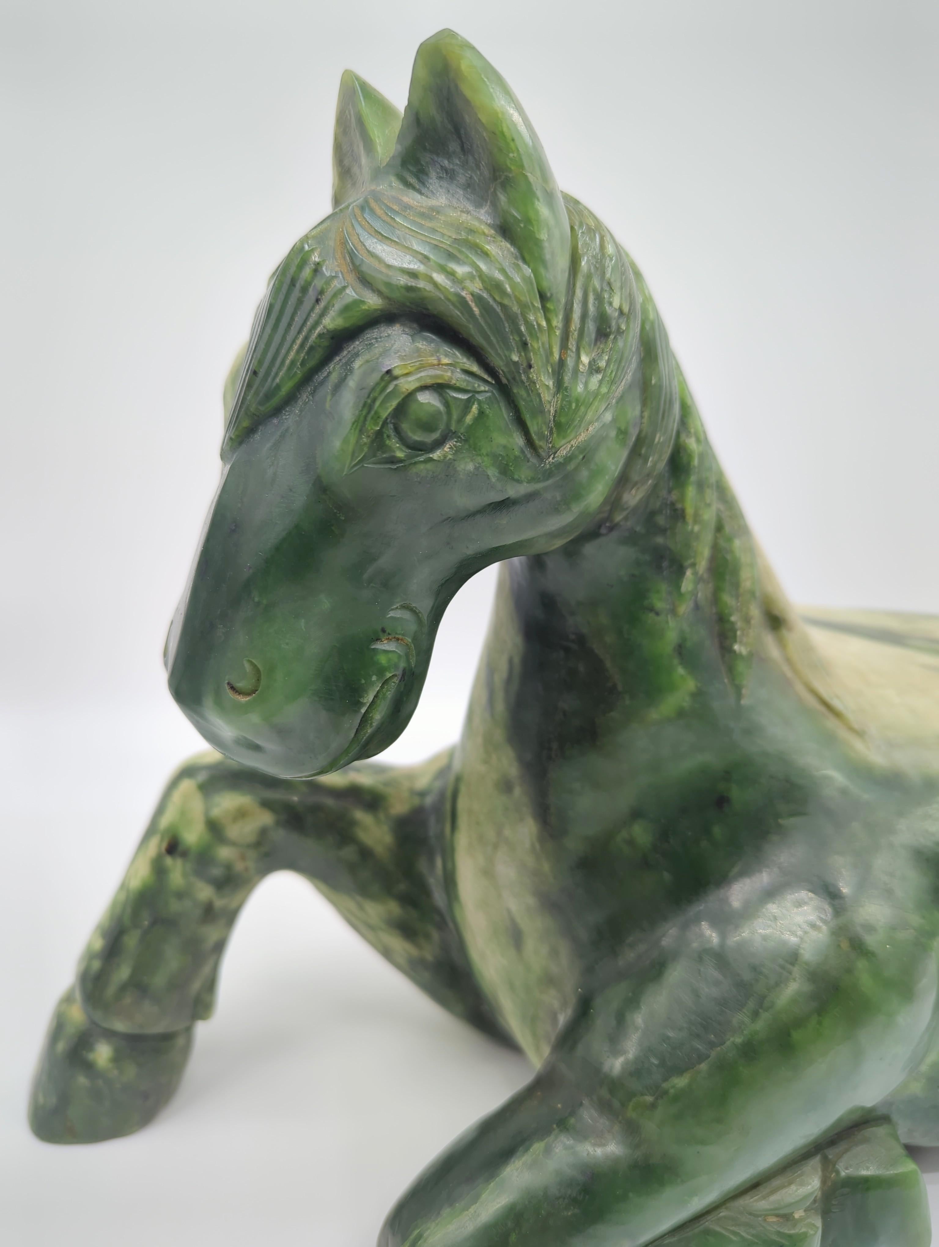 Monumental Chinese Spinach Jade Recumbent Tang Horse Rocky Variations 20th Cent. For Sale 8