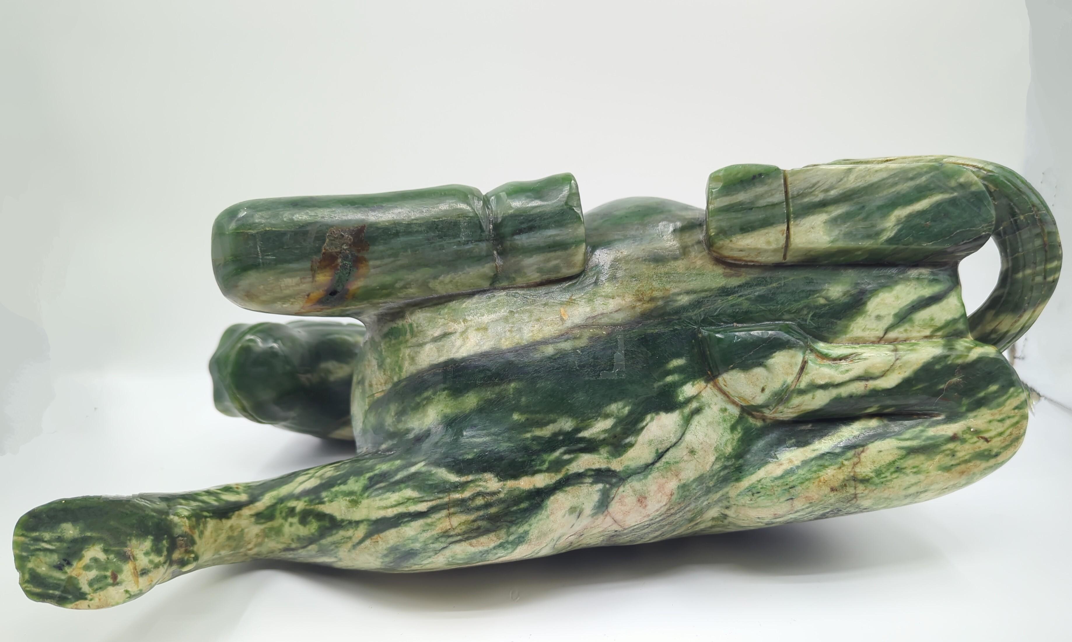 Monumental Chinese Spinach Jade Recumbent Tang Horse Rocky Variations 20th Cent. In Good Condition For Sale In Richmond, CA