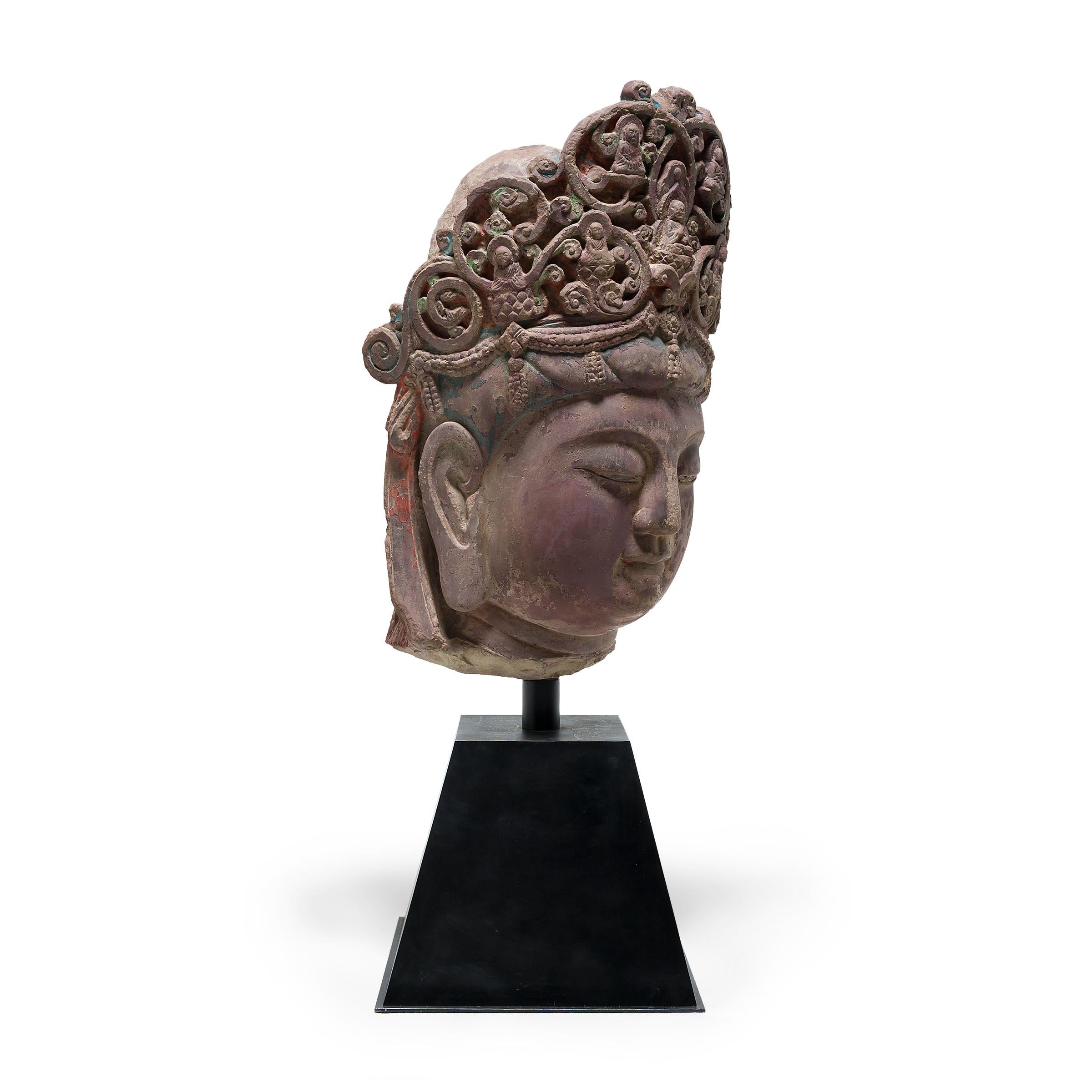 Hand-Carved Monumental Chinese Stone Guanyin Head, c. 1800 For Sale
