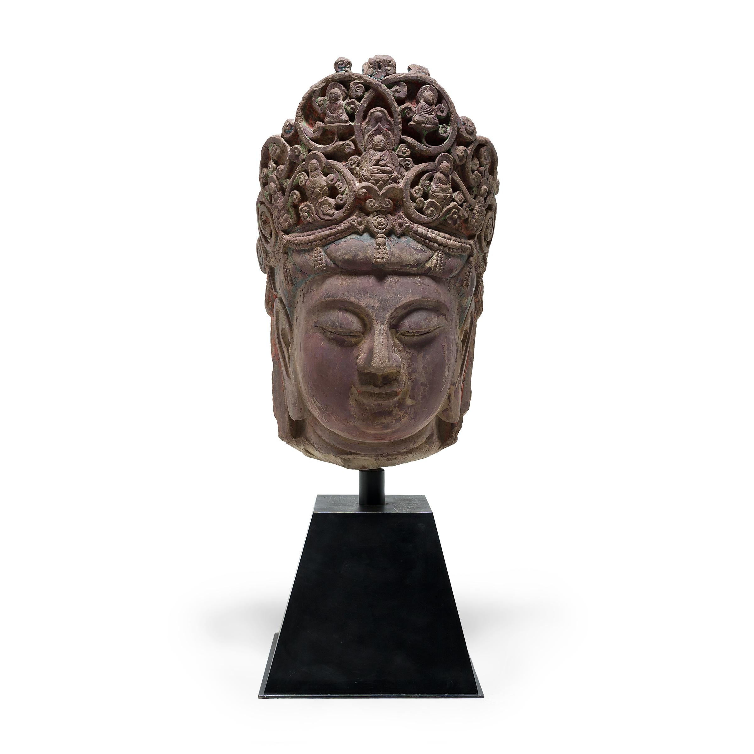 Monumental Chinese Stone Guanyin Head, c. 1800 In Good Condition For Sale In Chicago, IL