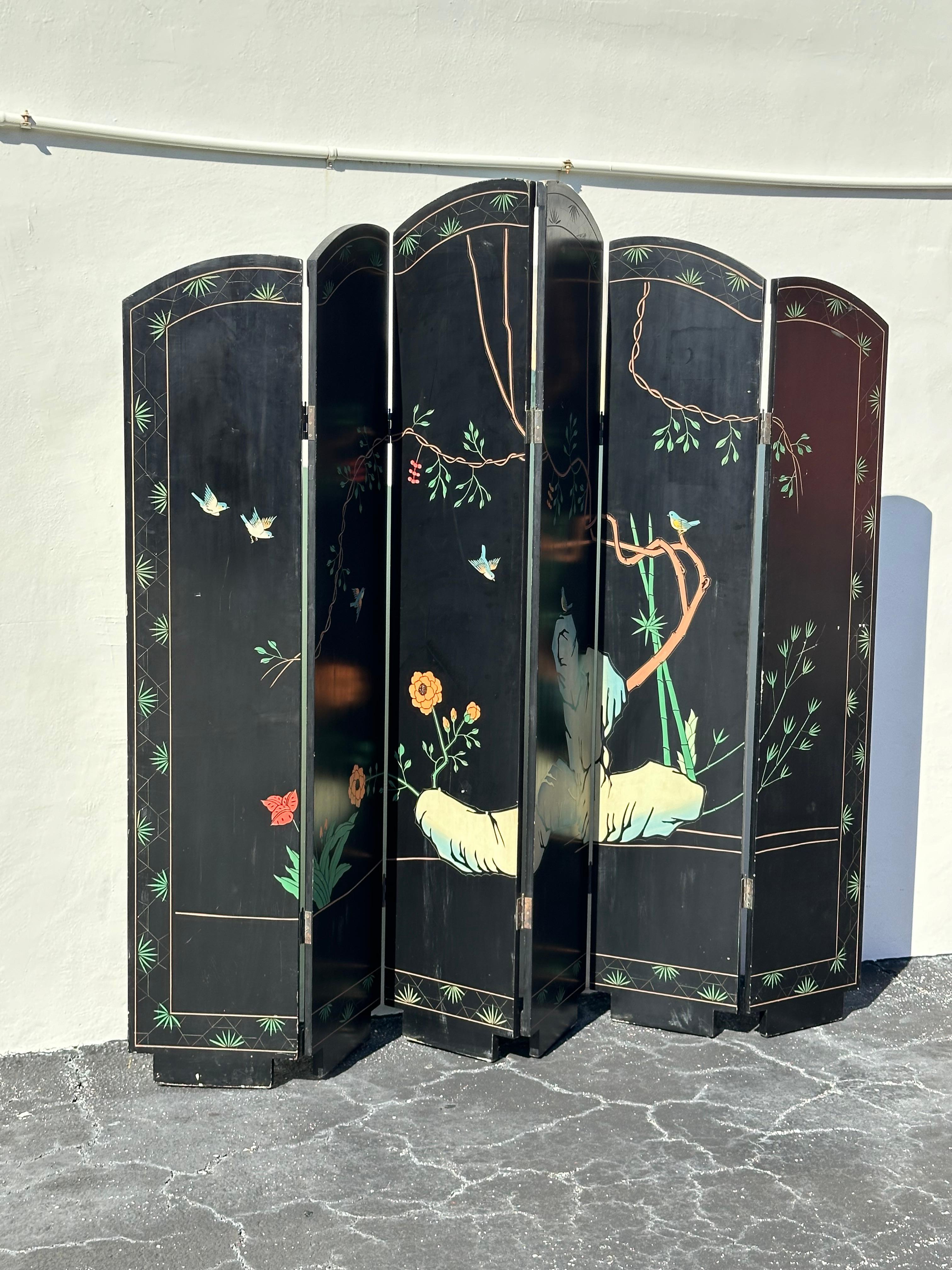 Monumental Chinoiserie Arch 6 Panel Coromandel Folding Screen Room Divider For Sale 8