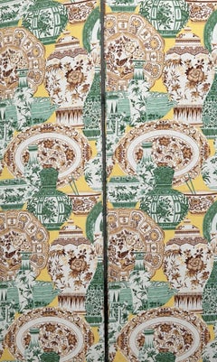 Monumental Chinoiserie Decorated Four-Panel Upholstered Floor Screen (2 Avail)