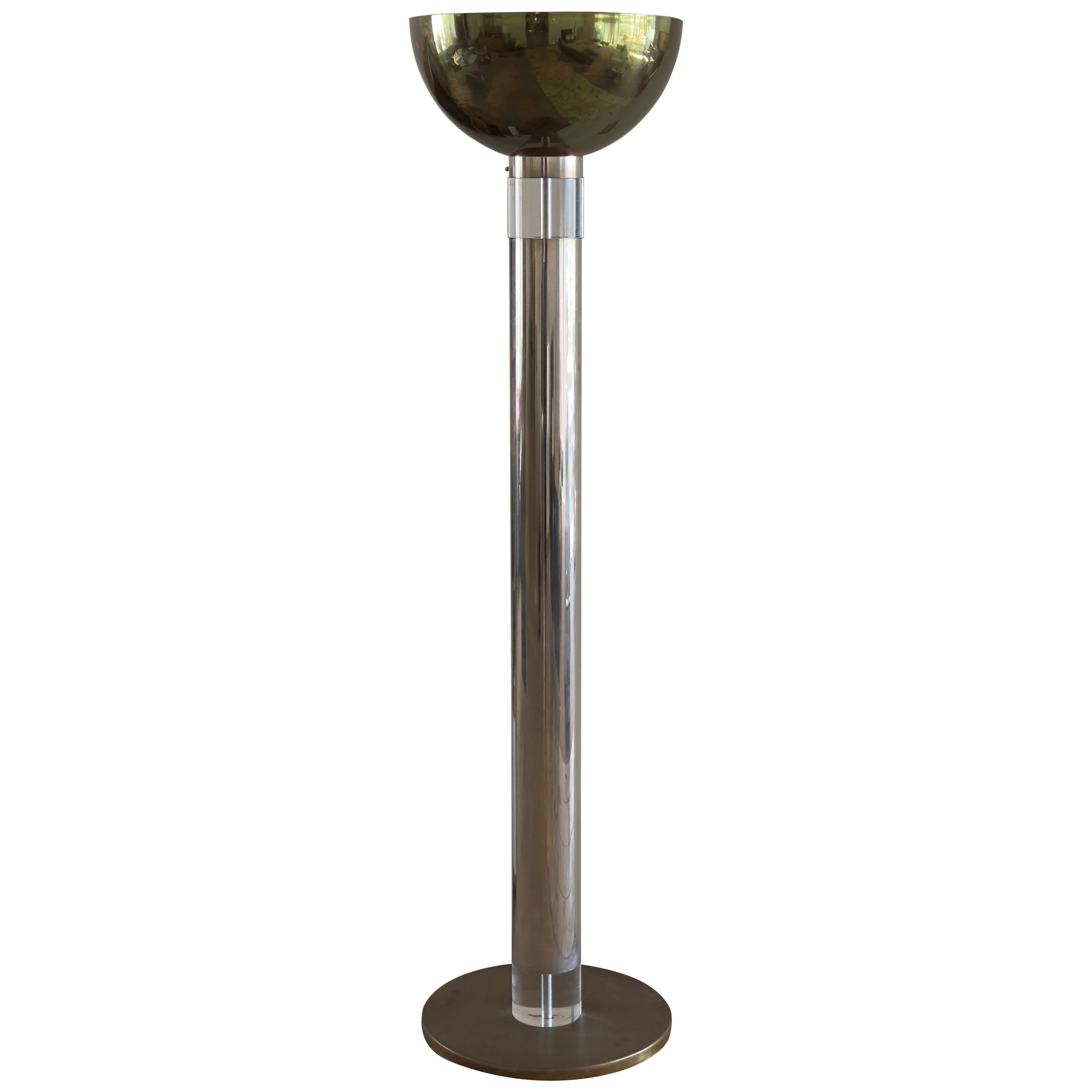 Monumentale torchiere stehlampe aus chrom, messing und lucit von Karl Springer im Angebot
