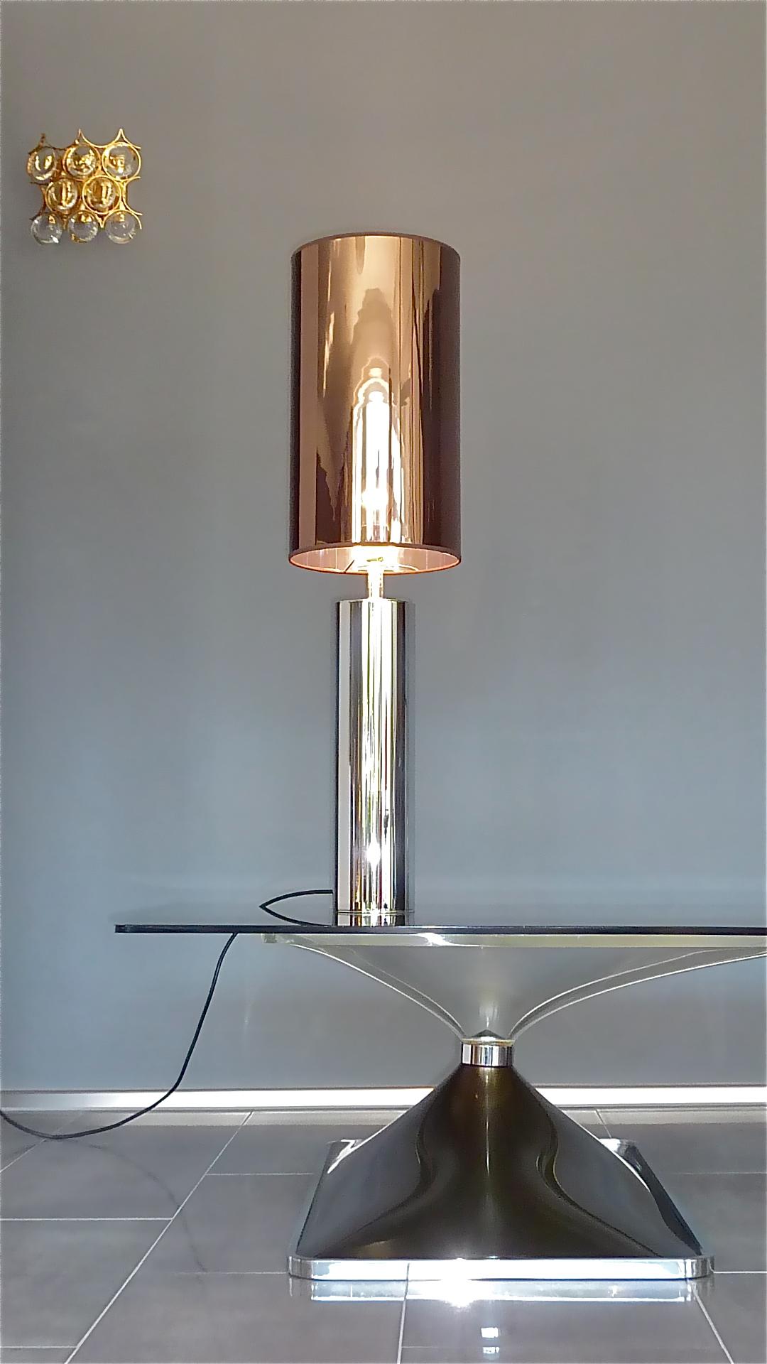 Polychromed Monumental Chrome Steel Table Lamp Willy Rizzo Cardin Style Bronze Mirror 1970s For Sale
