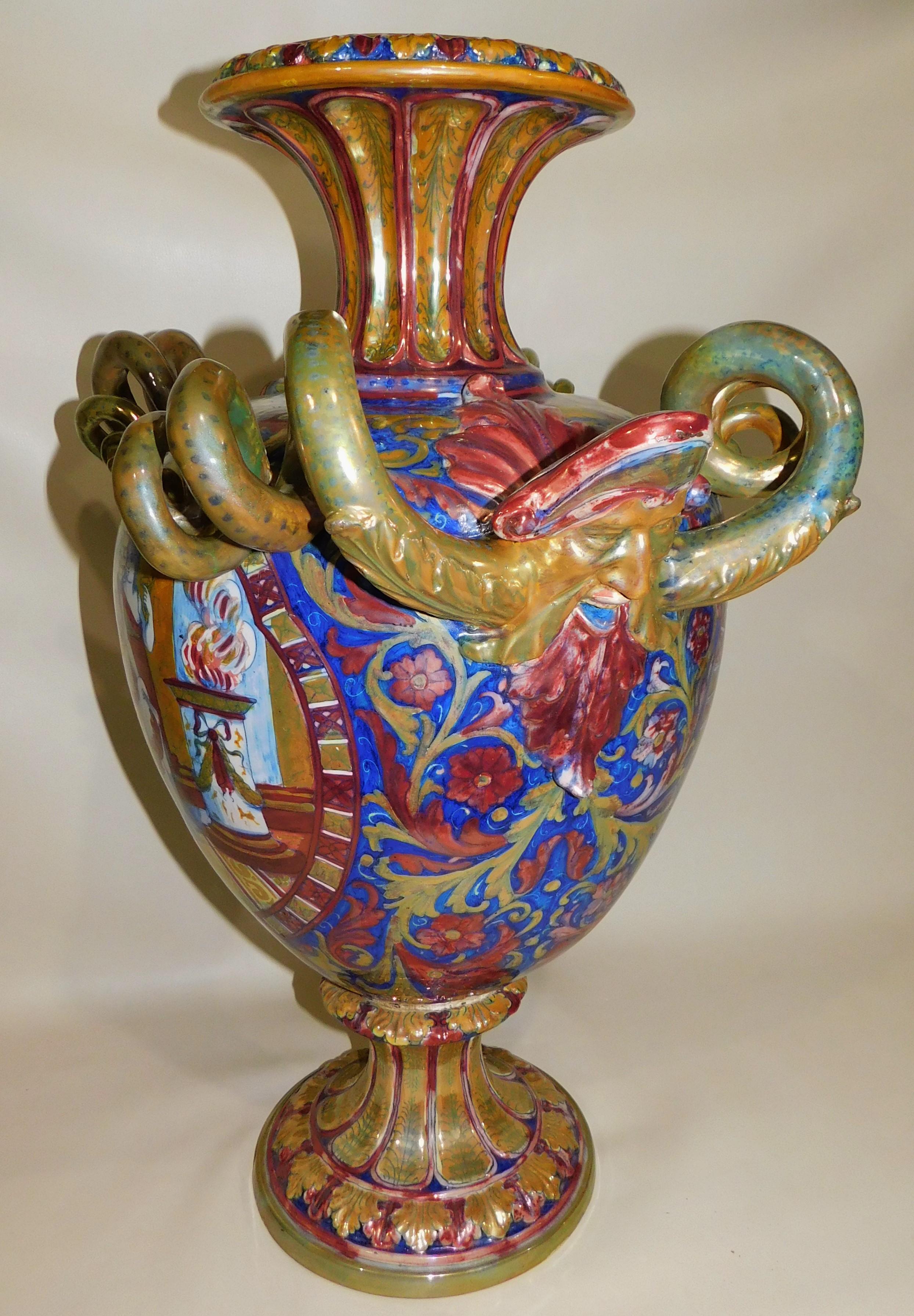 Monumental circa 1890 Italian Majolica Ceramic Urn Shaped Vase For Sale 6