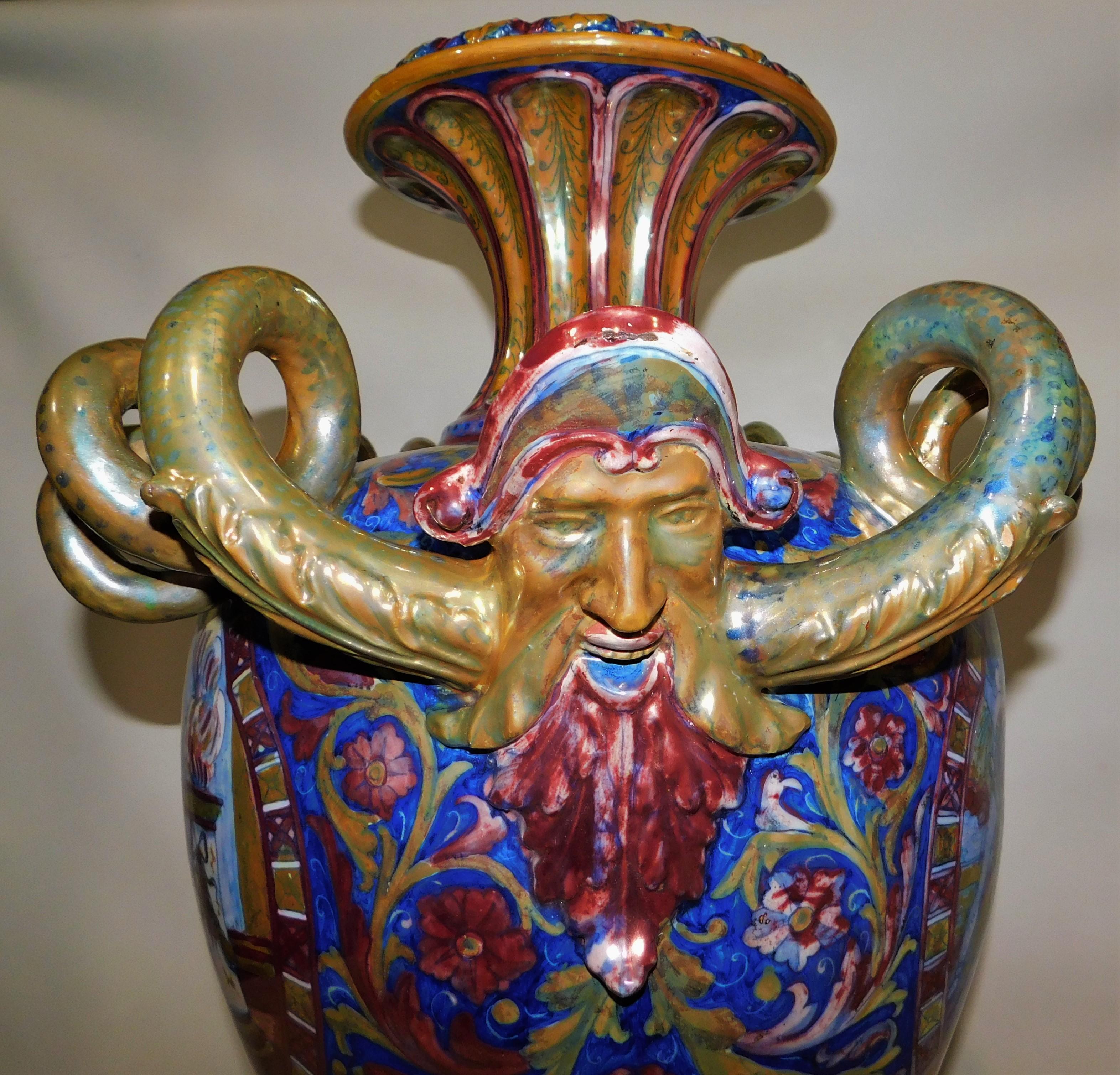 Monumental circa 1890 Italian Majolica Ceramic Urn Shaped Vase For Sale 8