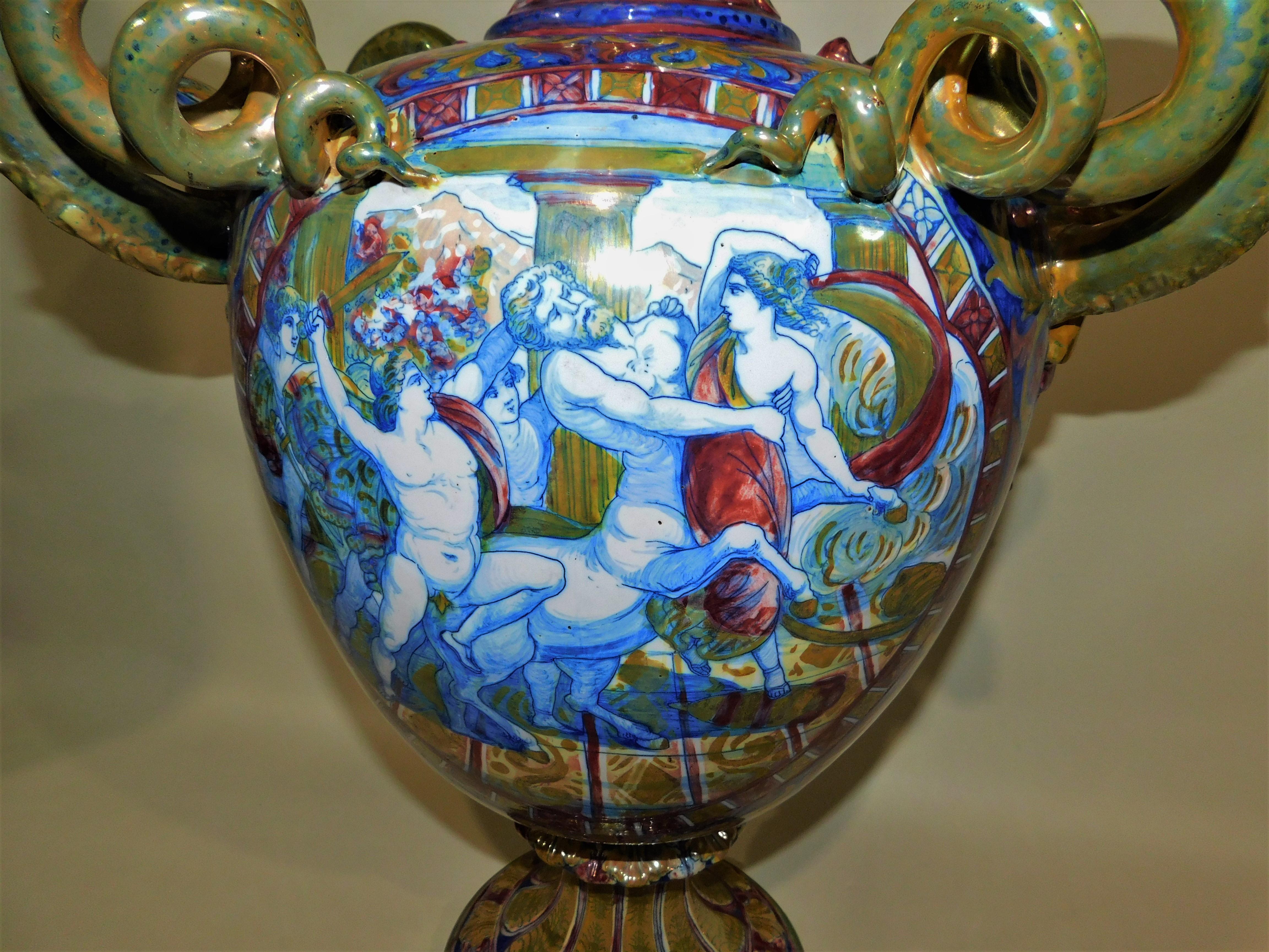 Monumental circa 1890 Italian Majolica Ceramic Urn Shaped Vase In Good Condition For Sale In Hamilton, Ontario