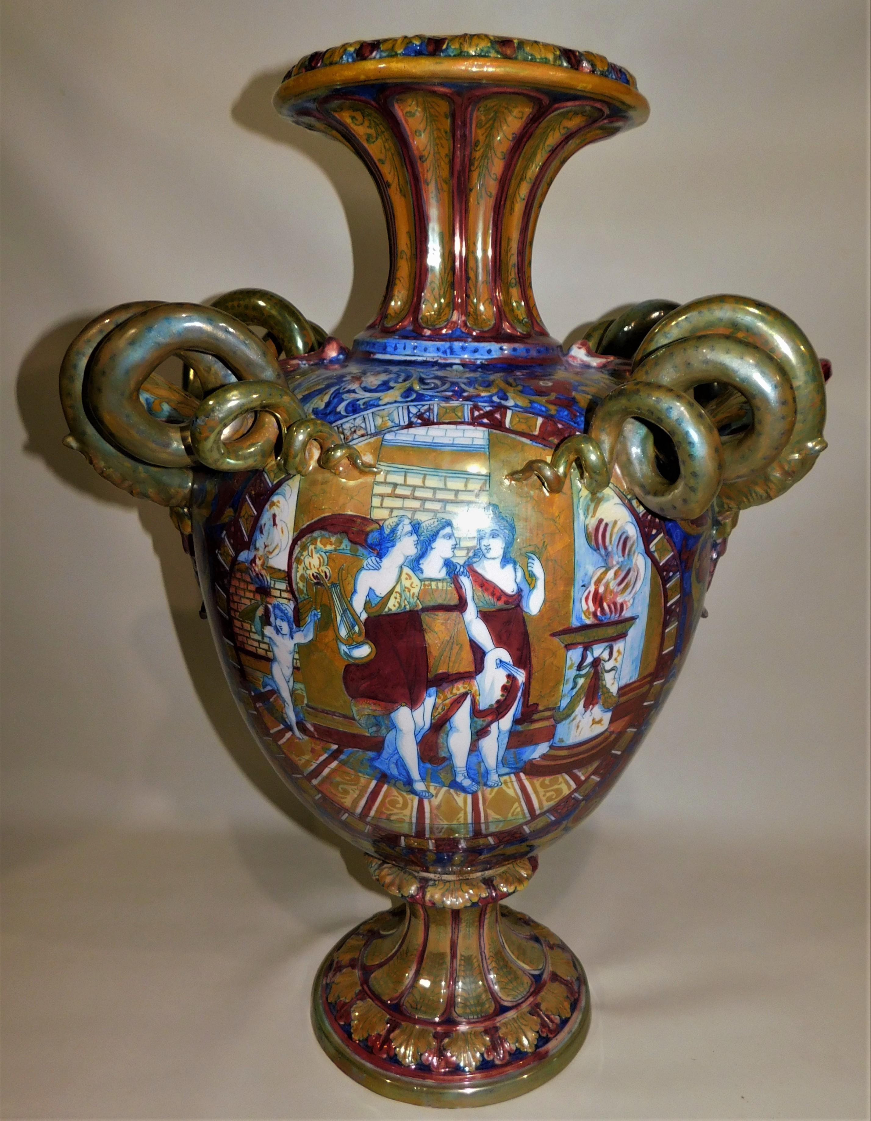 19th Century Monumental circa 1890 Italian Majolica Ceramic Urn Shaped Vase For Sale