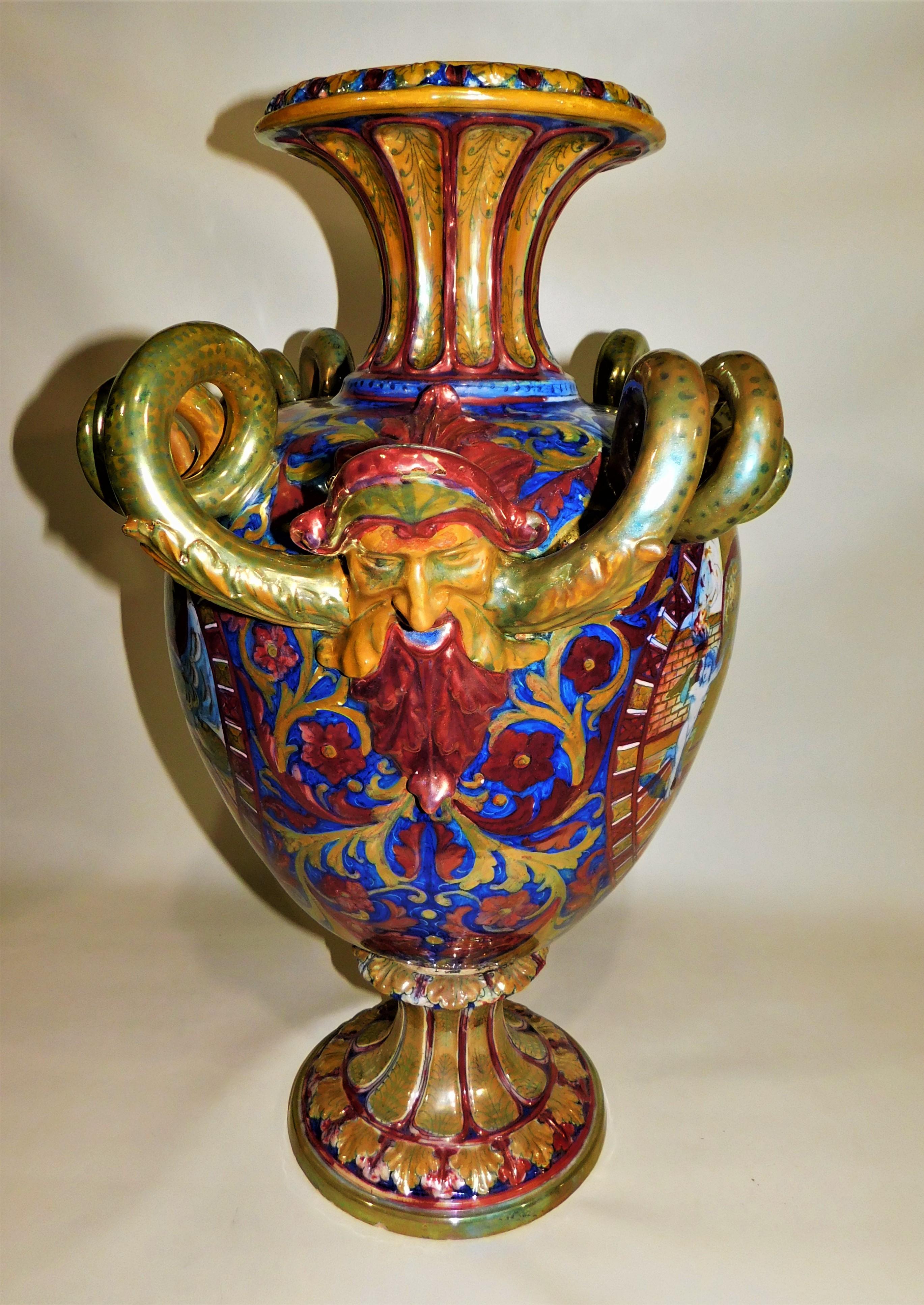 Monumental circa 1890 Italian Majolica Ceramic Urn Shaped Vase For Sale 1
