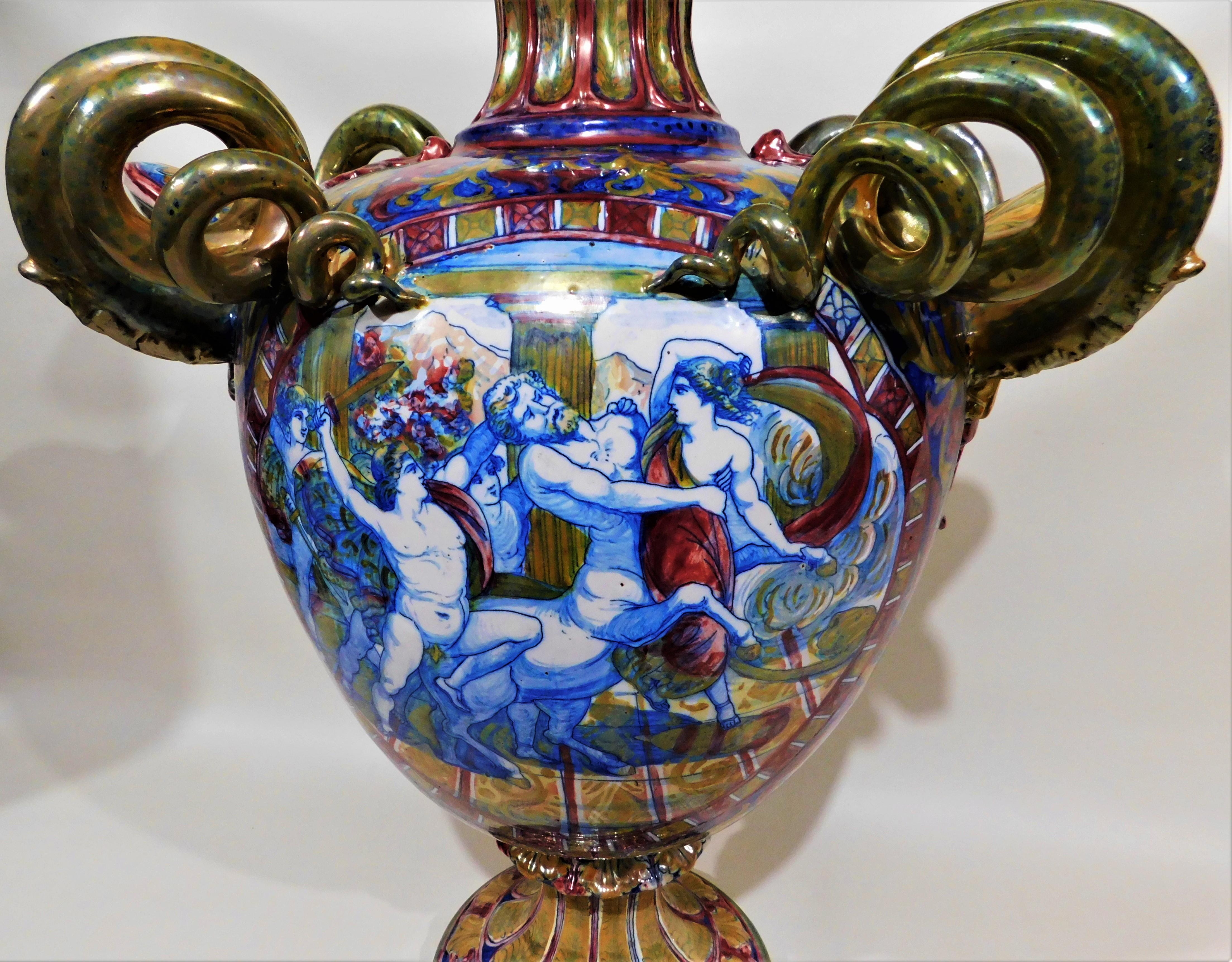 Monumental circa 1890 Italian Majolica Ceramic Urn Shaped Vase For Sale 2