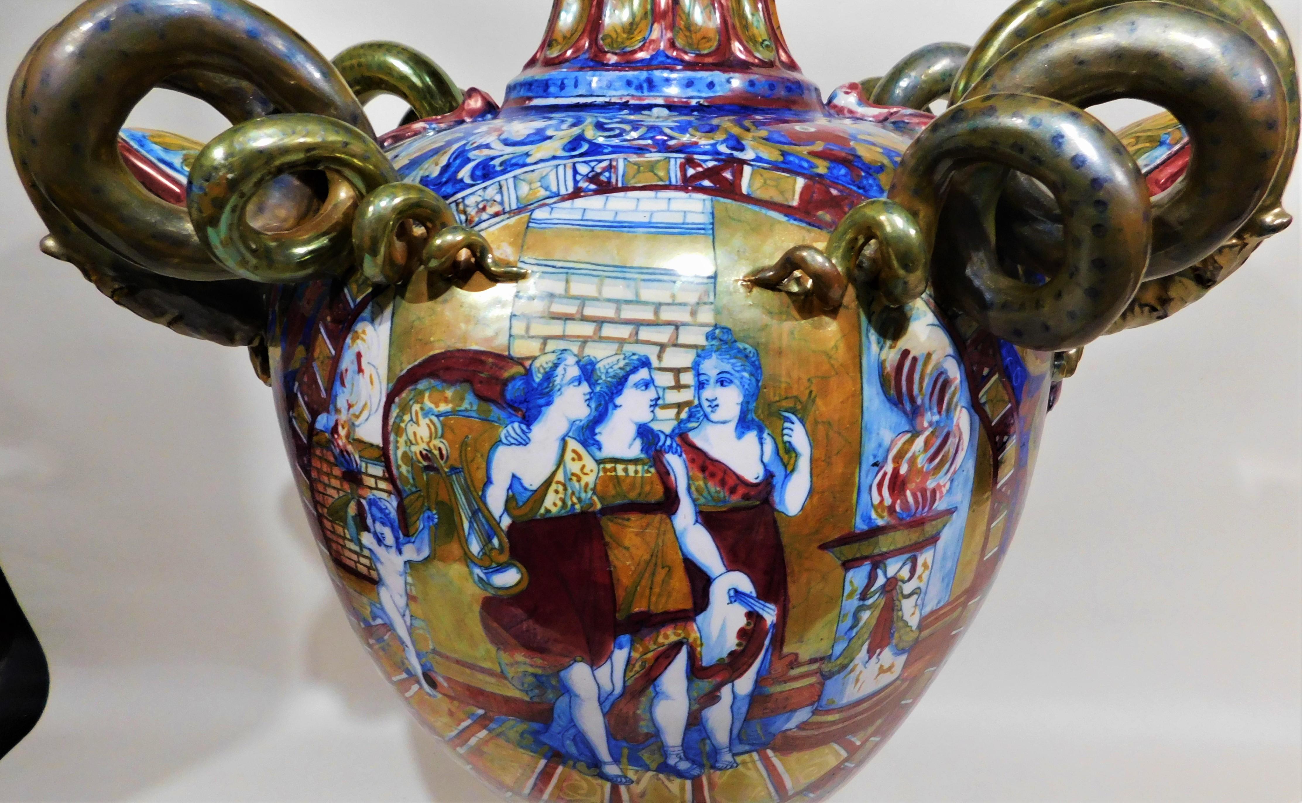 Monumental circa 1890 Italian Majolica Ceramic Urn Shaped Vase For Sale 3