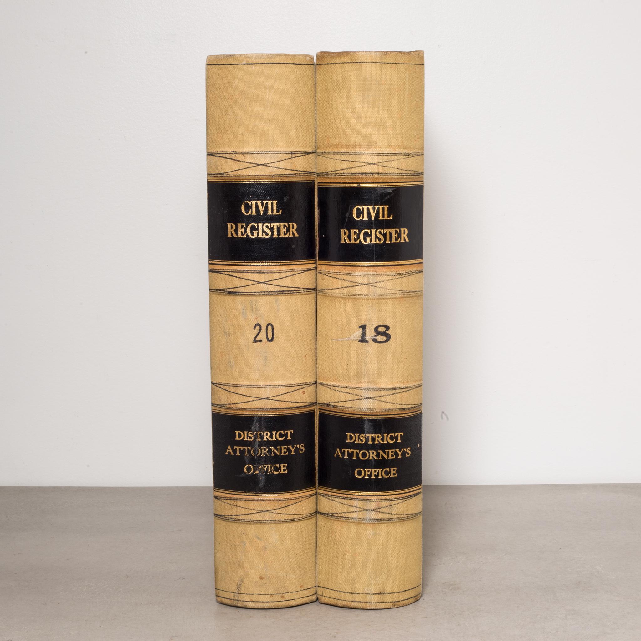 About:

This is a pair of large Civil Register books for the District Attorney's Office of Alemeda County, California. The books have alphabetical tabs for name entries in front and entries of civil suits in the body. The books are covered in a