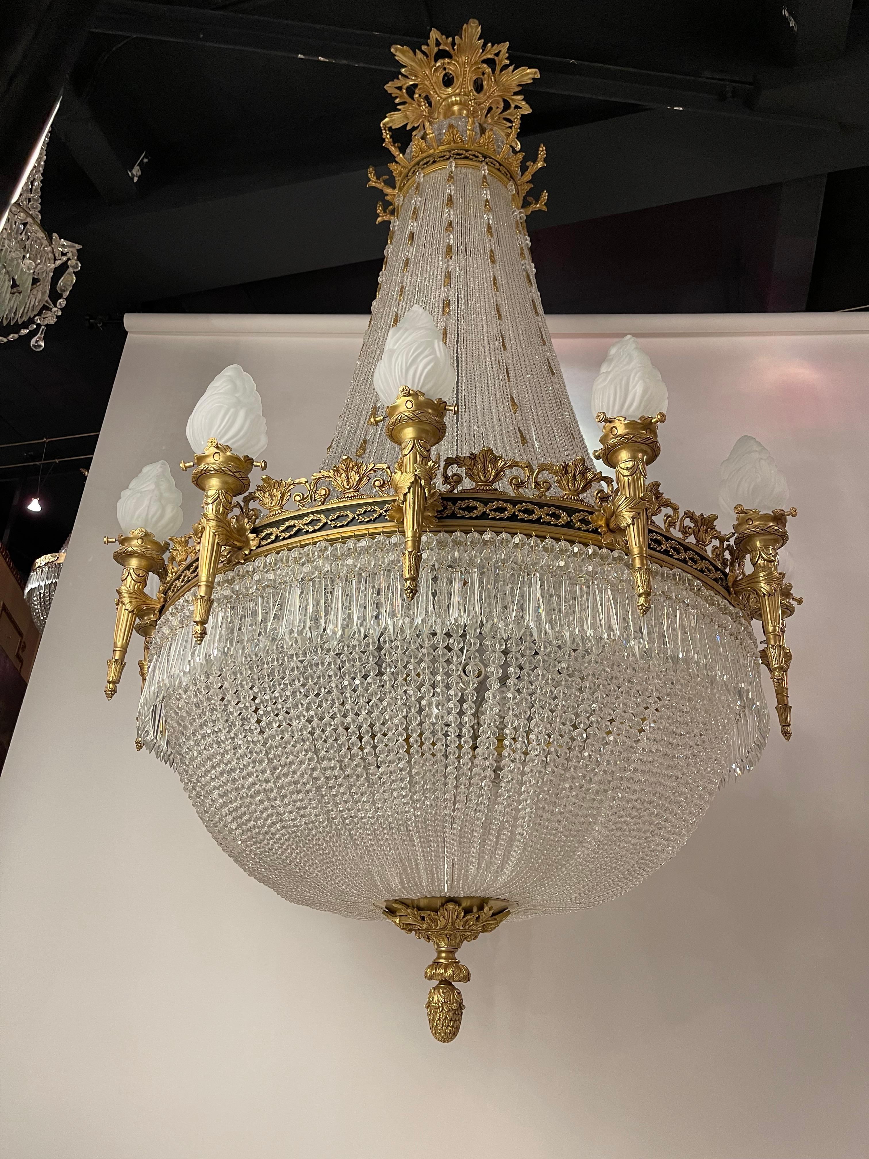 Monumental Classicist Ceiling Chandelier, Crystal Brass For Sale 8