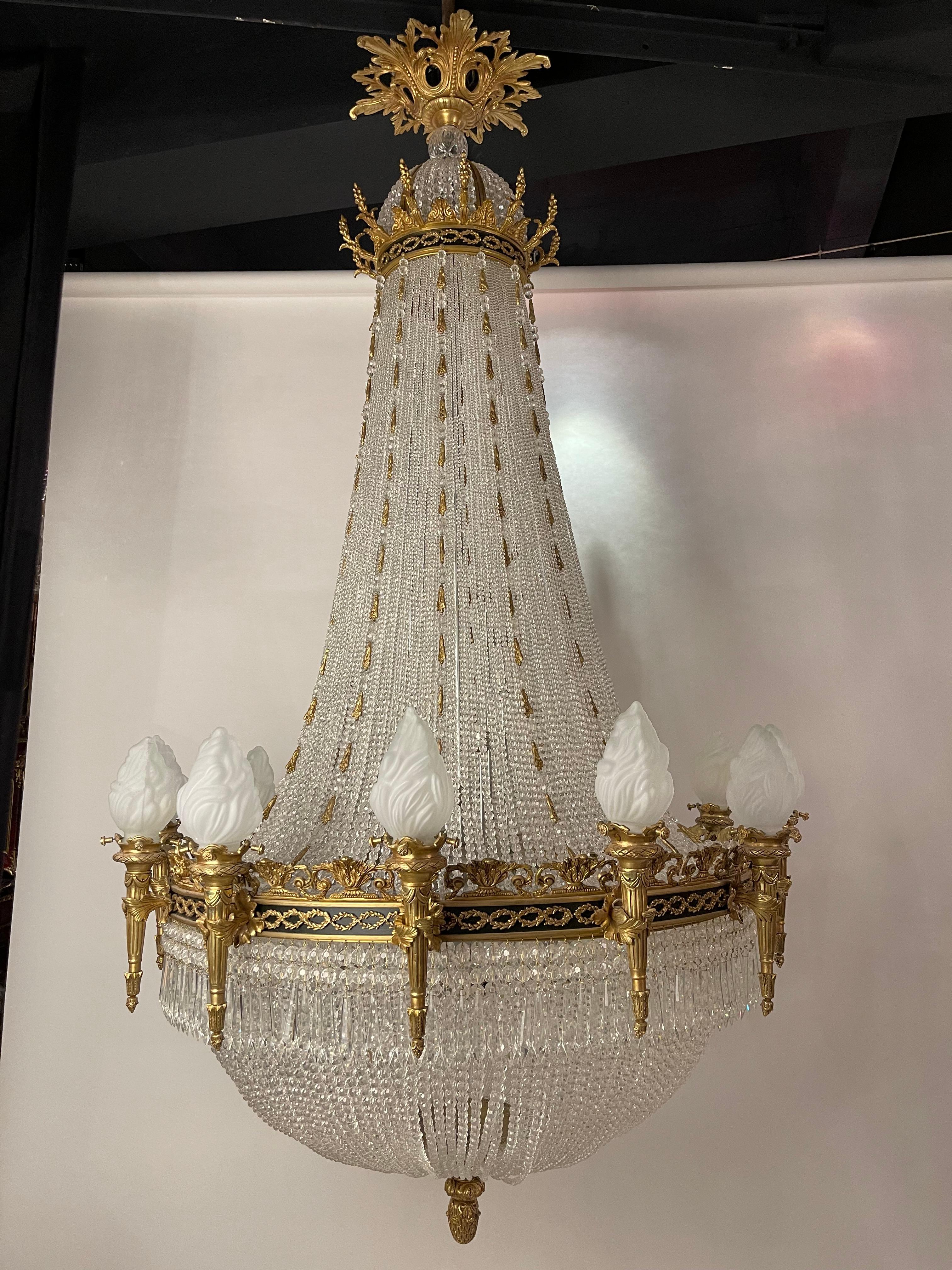 Monumental Classicist Ceiling Chandelier, Crystal Brass For Sale 9