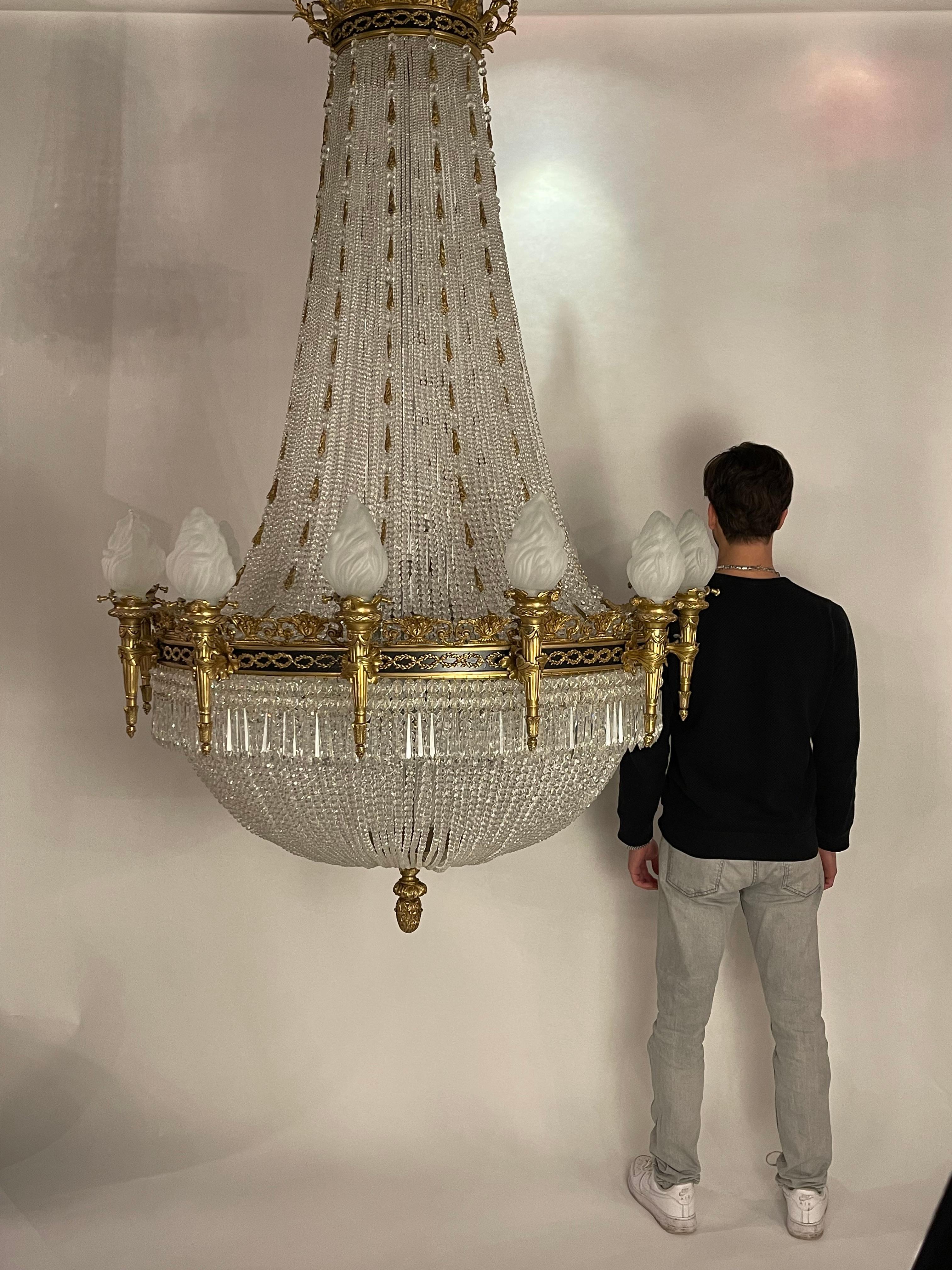 French Monumental Classicist Ceiling Chandelier, Crystal Brass For Sale