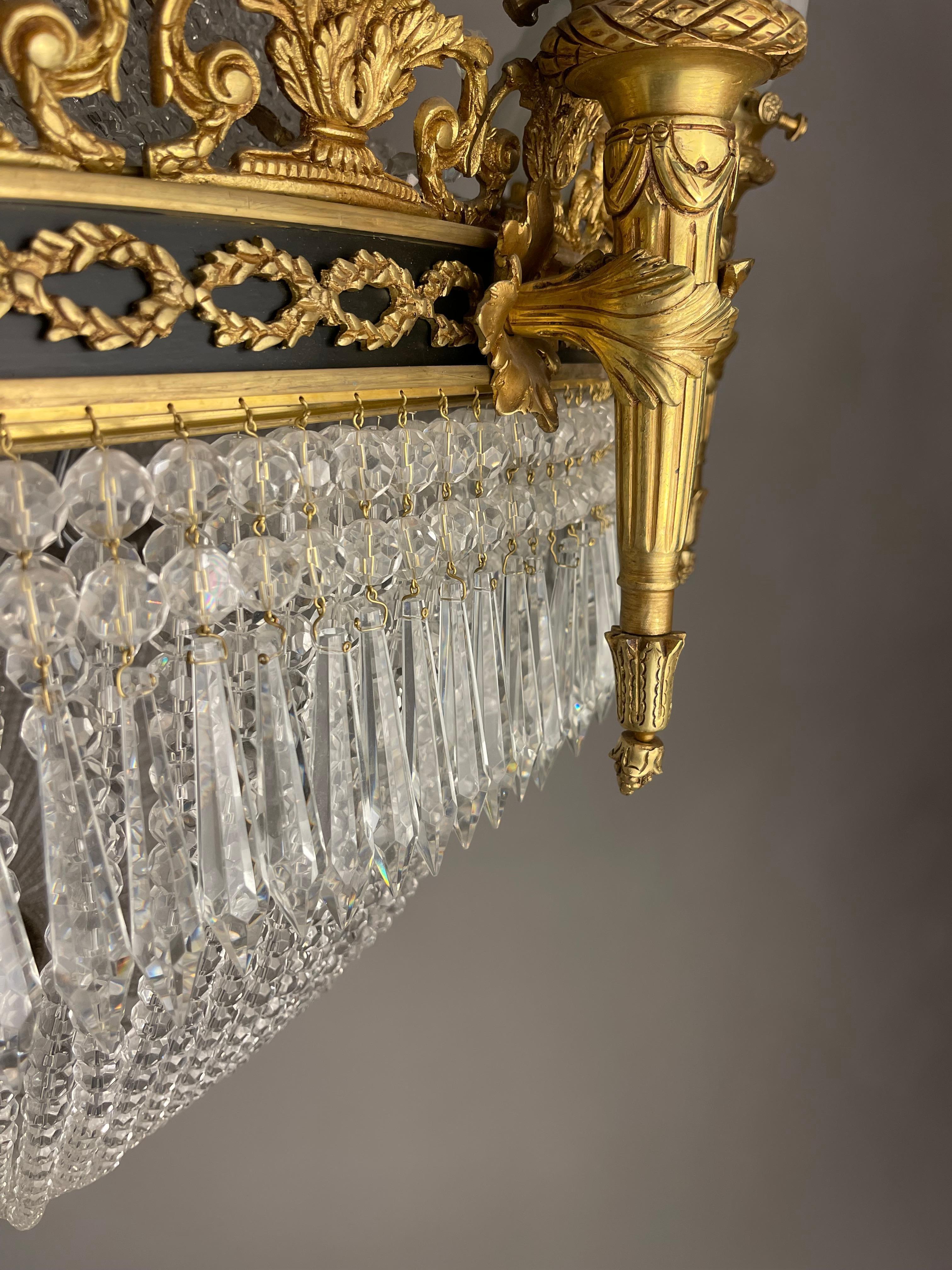 Faceted Monumental Classicist Ceiling Chandelier, Crystal Brass For Sale