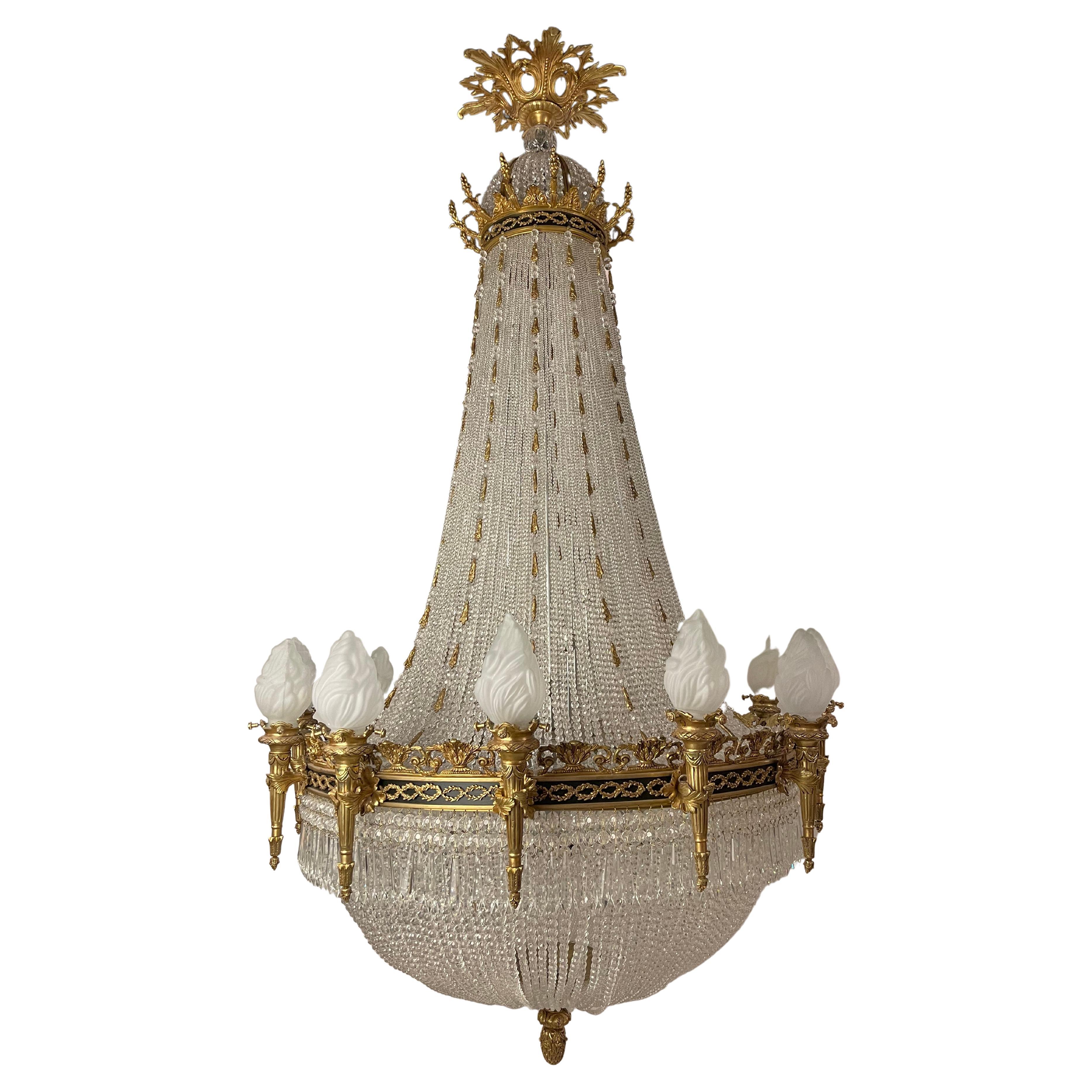 Monumental Classicist Ceiling Chandelier, Crystal Brass
