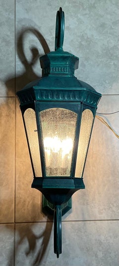Monumental Coach Style Brass & Bronze Wall Lantern with Verdigris Finish .