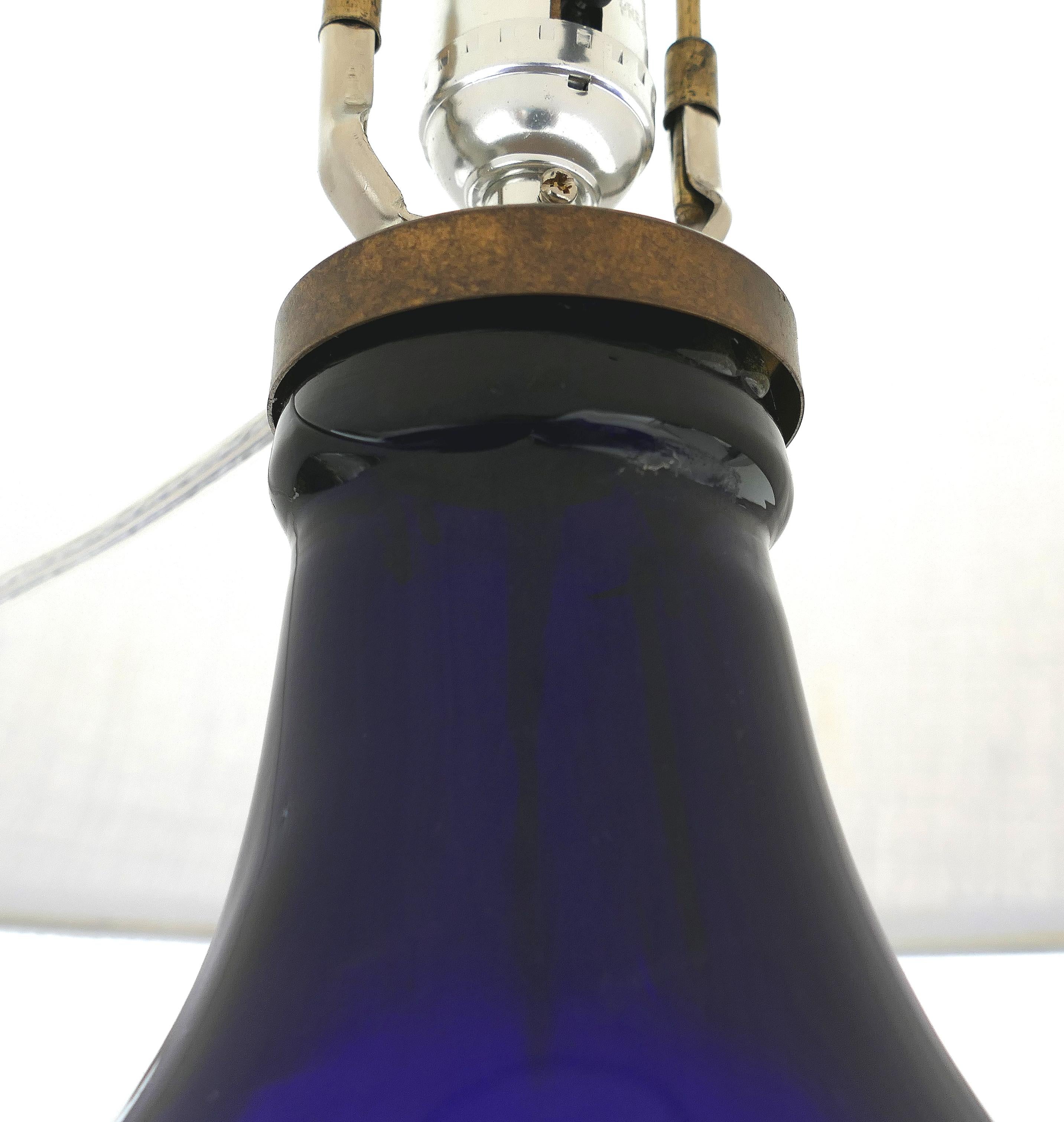 Monumental Cobalt Blue Blown Glass Table Lamp with Burlap Shade In Good Condition In Miami, FL