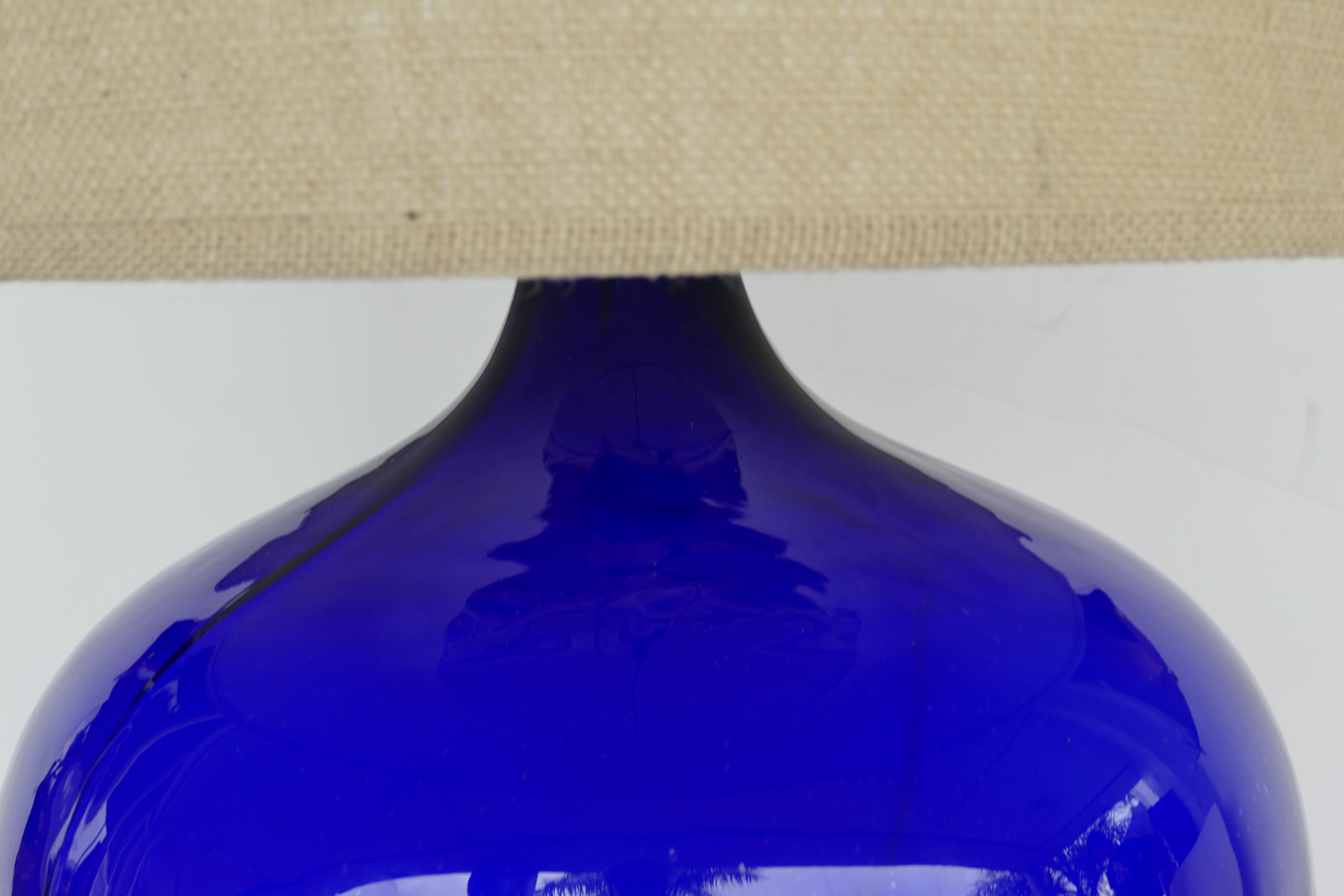Brass Monumental Cobalt Blue Blown Glass Table Lamp with Burlap Shade