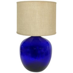 Monumental Cobalt Blue Blown Glass Table Lamp with Burlap Shade