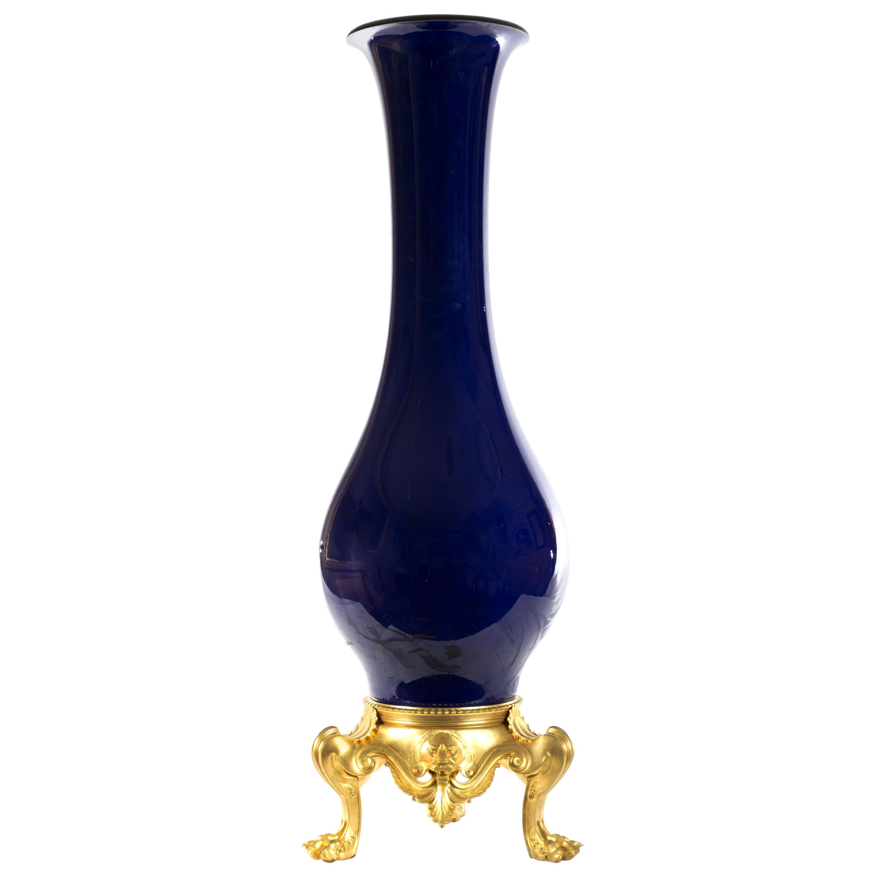Monumental Cobalt Blue Sèvres Porcelain Vase on Ormolu Stand