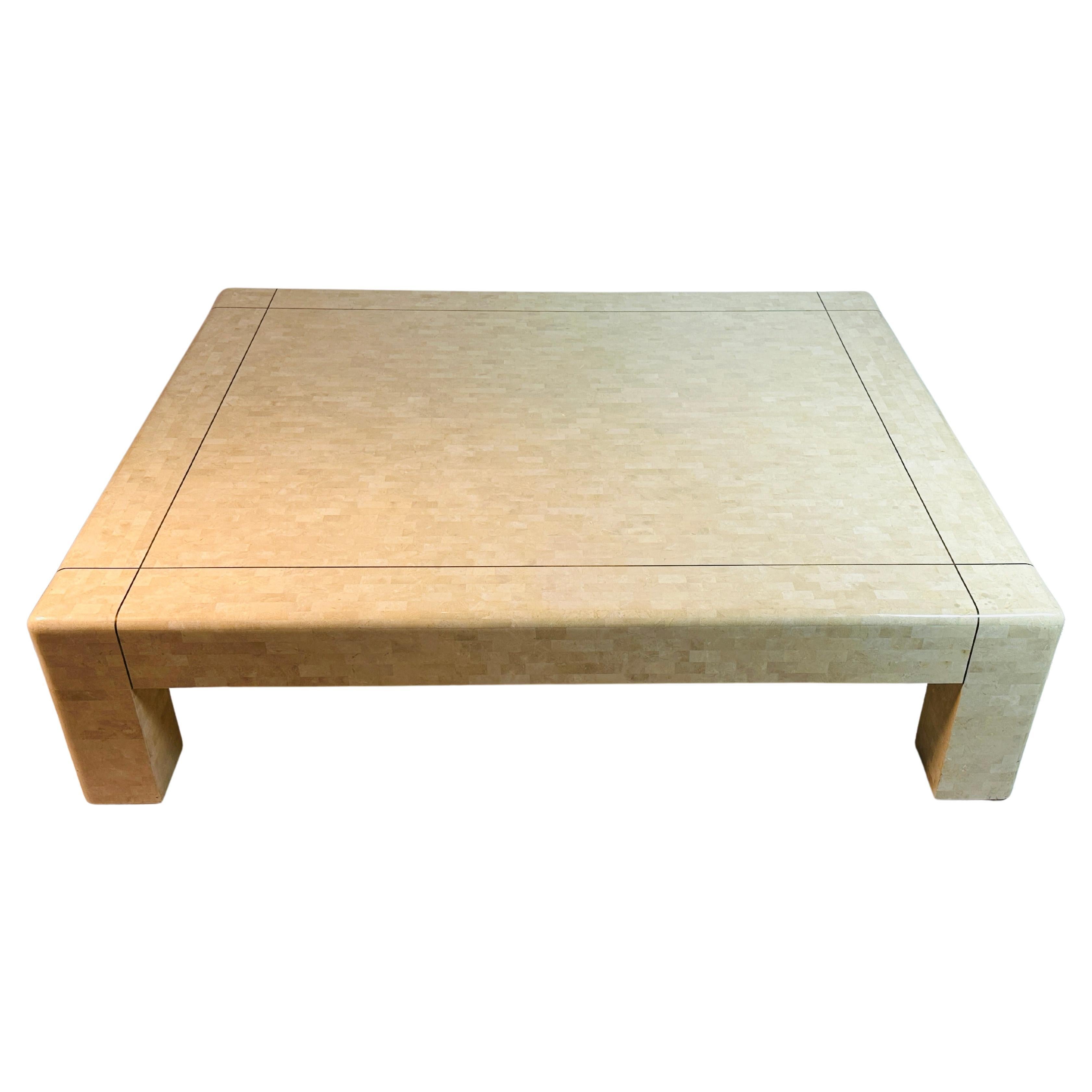 Mid-Century Modern Monumental Coffee Table in Tessellated Stone & Brass by Karl Springer, Signed For Sale