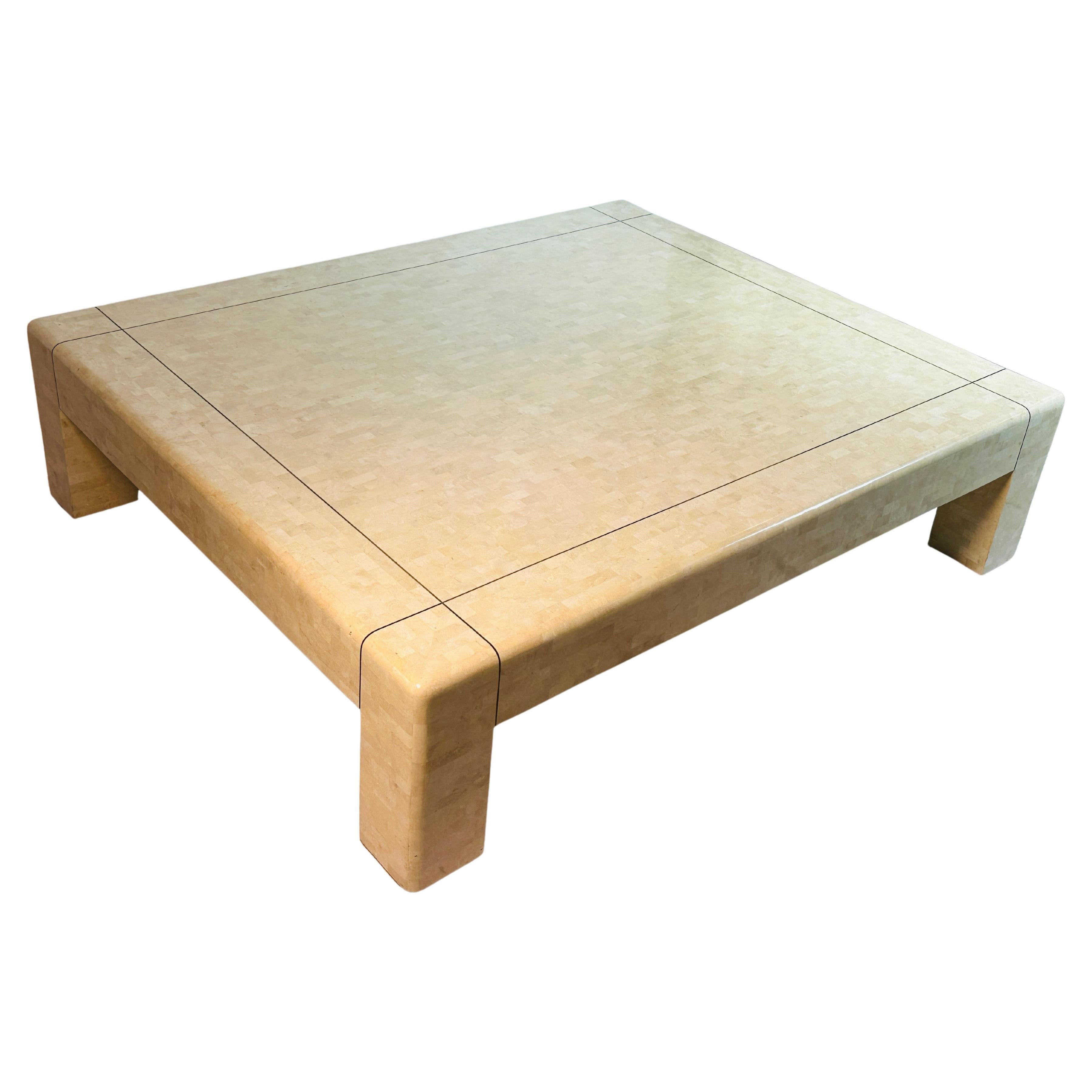 Philippine Monumental Coffee Table in Tessellated Stone & Brass by Karl Springer, Signed For Sale