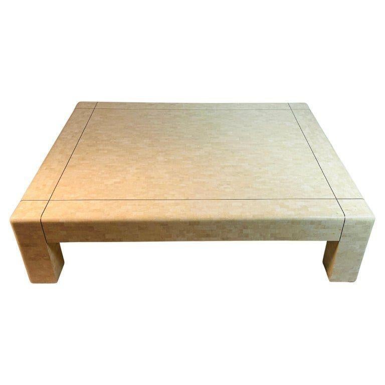 Hand-Crafted Monumental Coffee Table in Tessellated Stone & Brass by Karl Springer, Signed For Sale