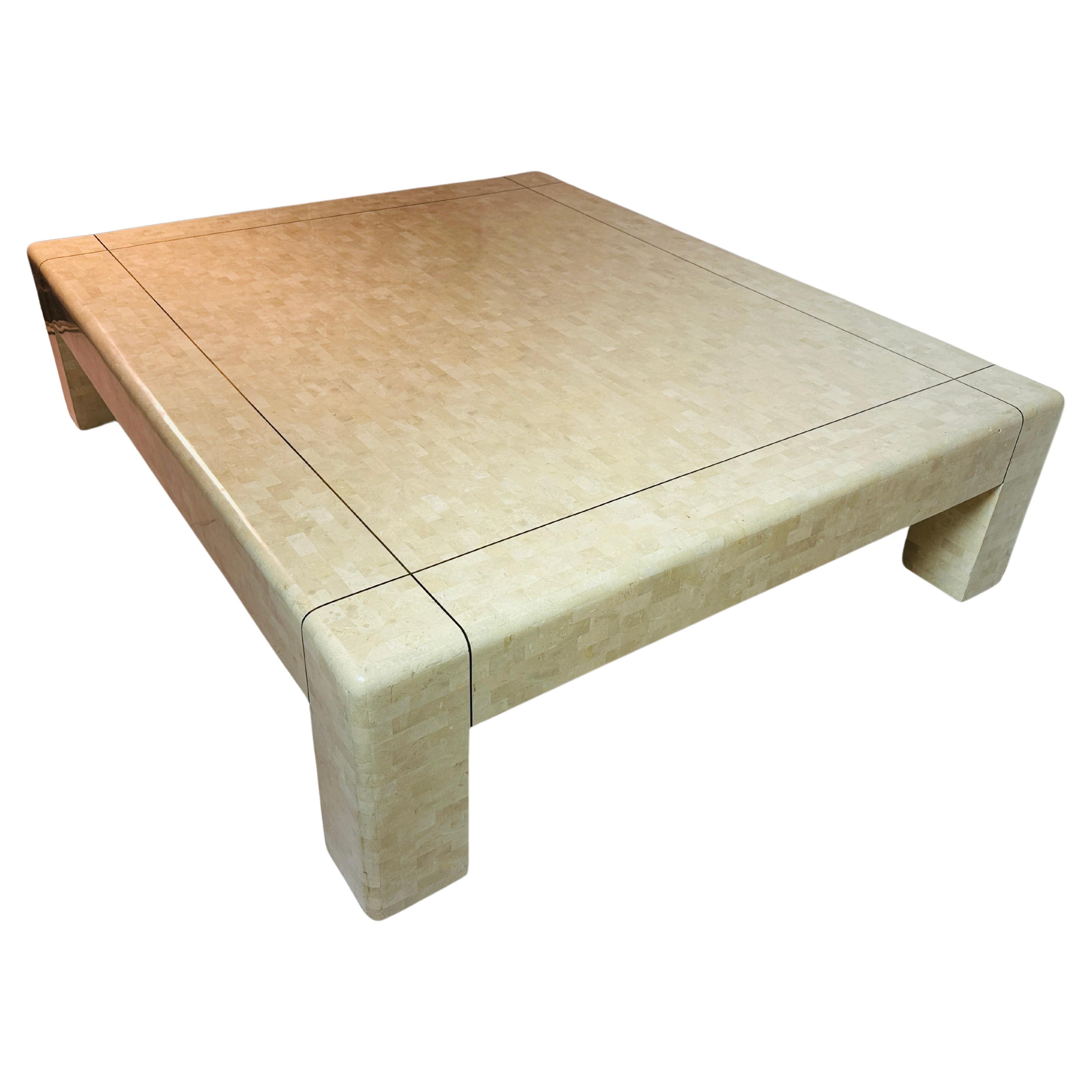 Monumental Coffee Table in Tessellated Stone & Brass by Karl Springer, Signed For Sale