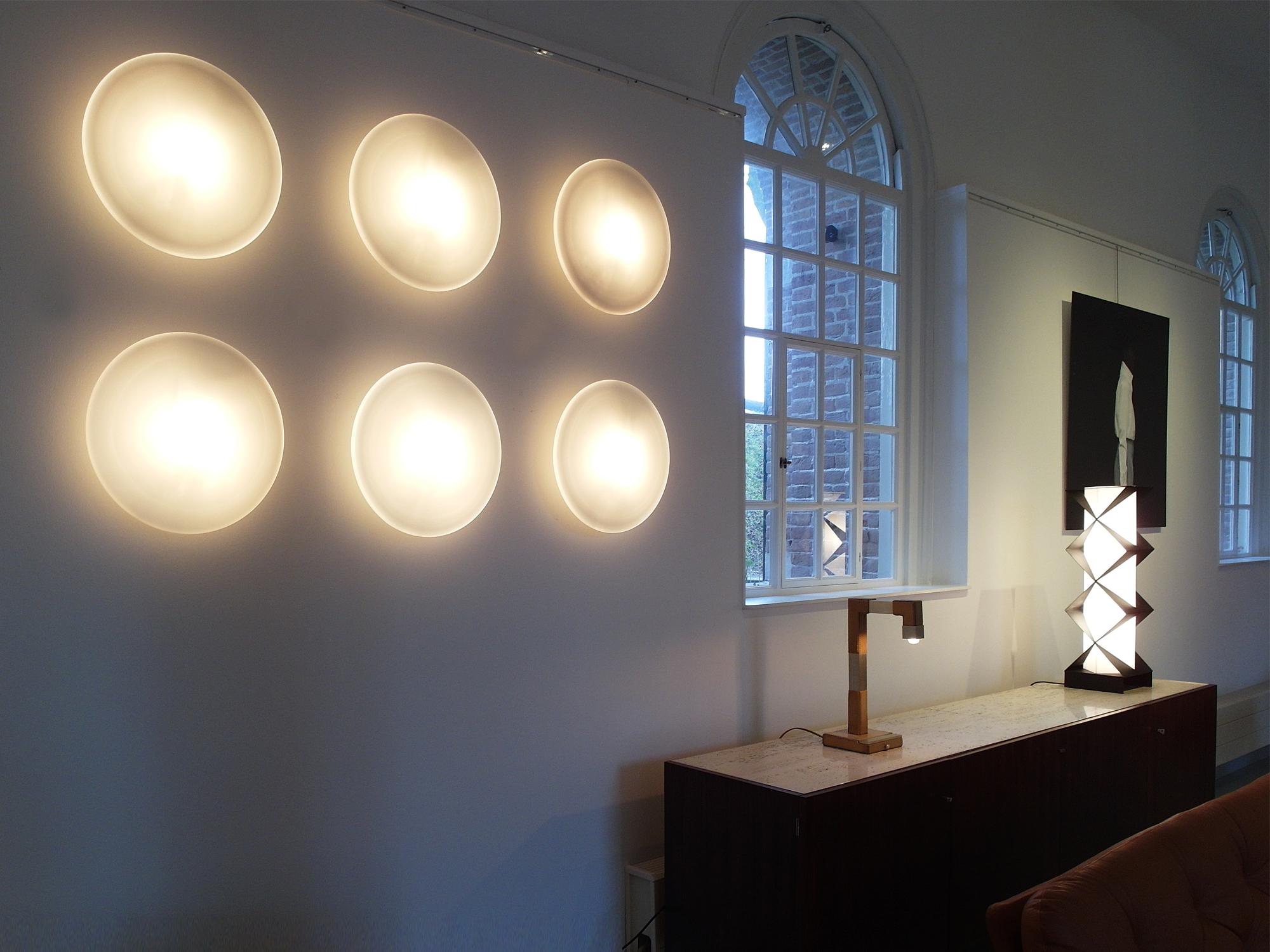 Mid-Century Modern Monumental Composition of Opaline Glass RAAK Discus Lights, the Netherlands 1952