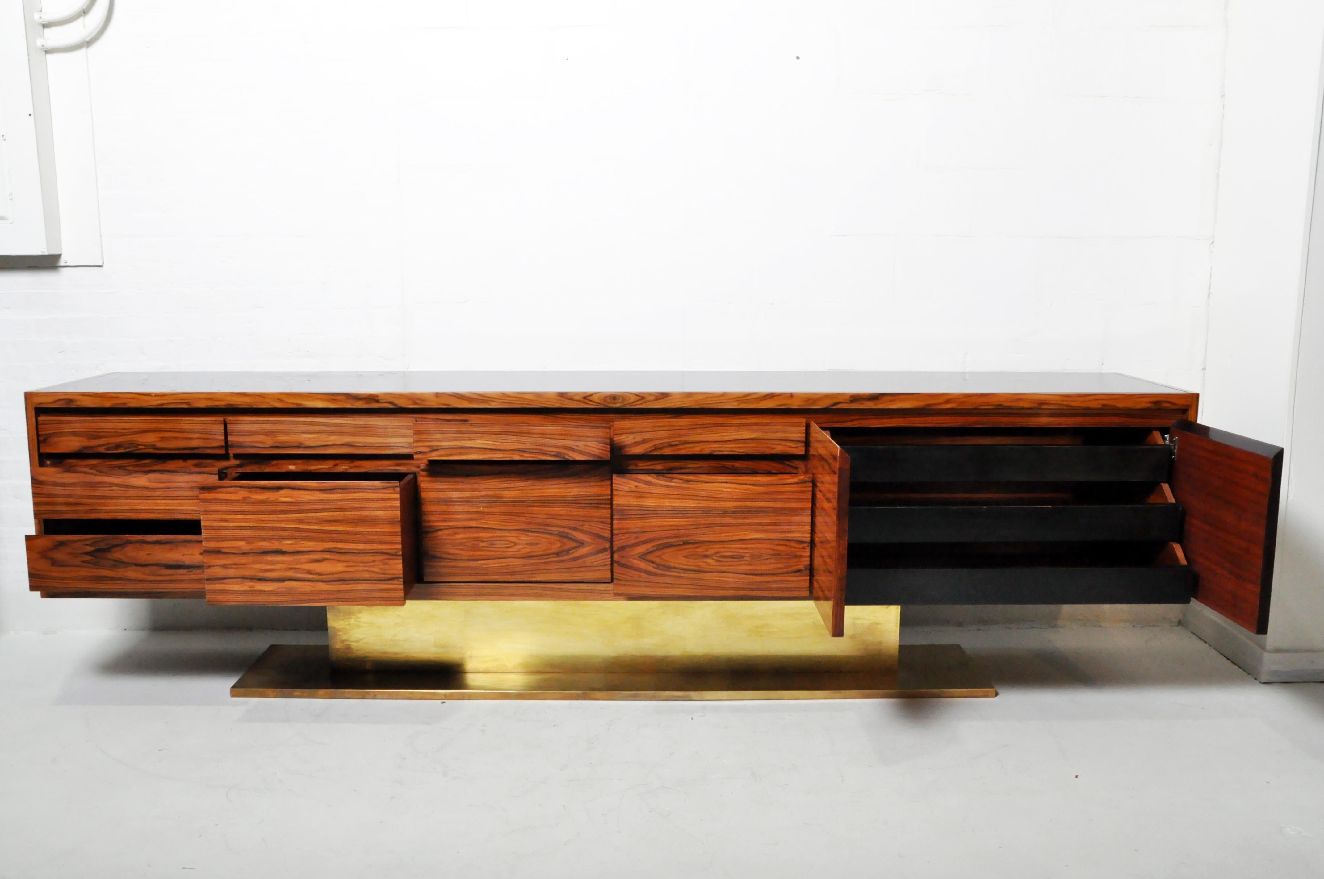 Mid-Century Modern Monumental Console with Nine Drawers, Two Doors and a Brass Base