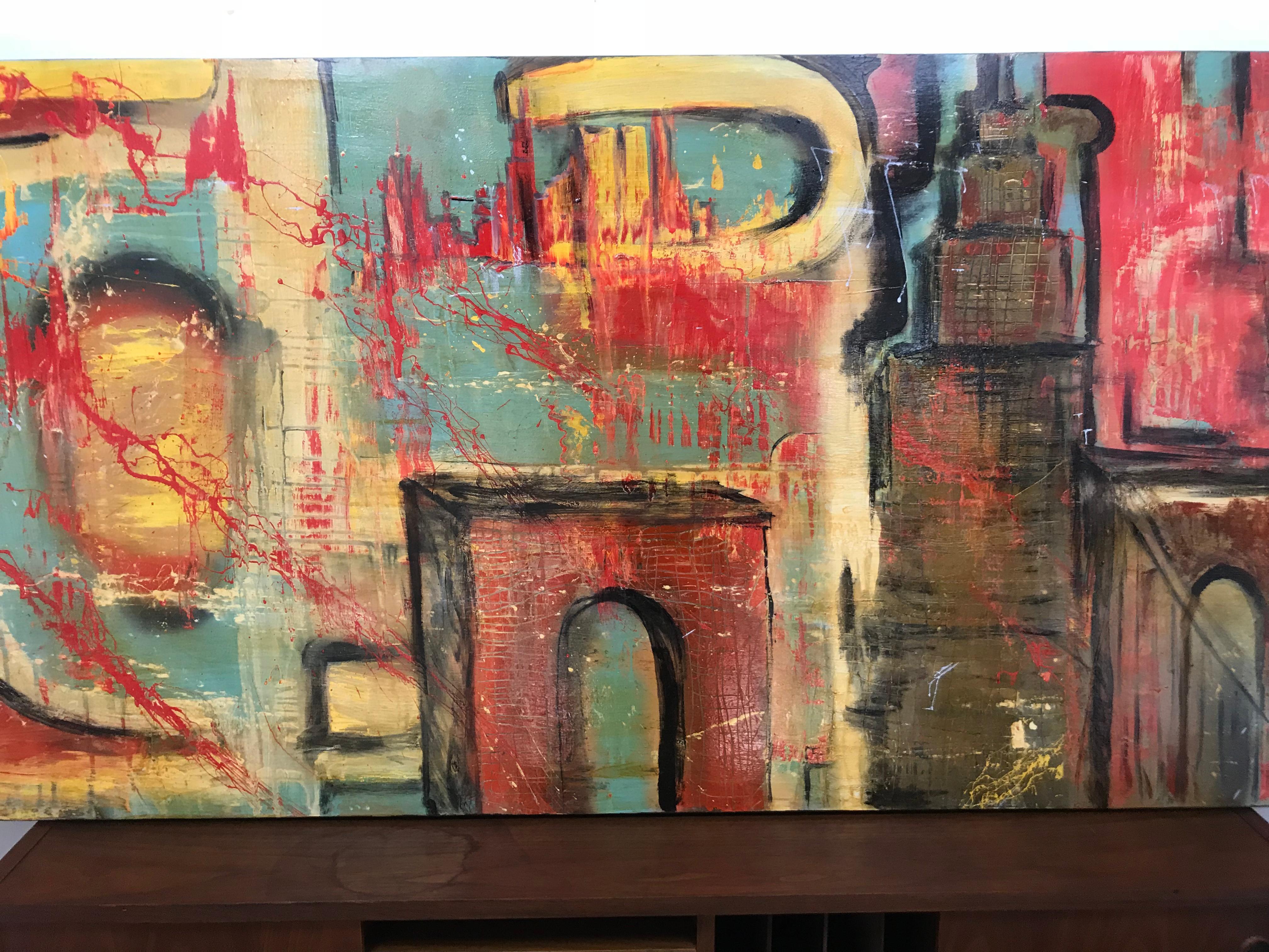 Monumental contemporary abstract oil painting 'Cityscape' 2018 by Peter Caruso,, Amazing use of color, texture and space. Large oil paint on board.