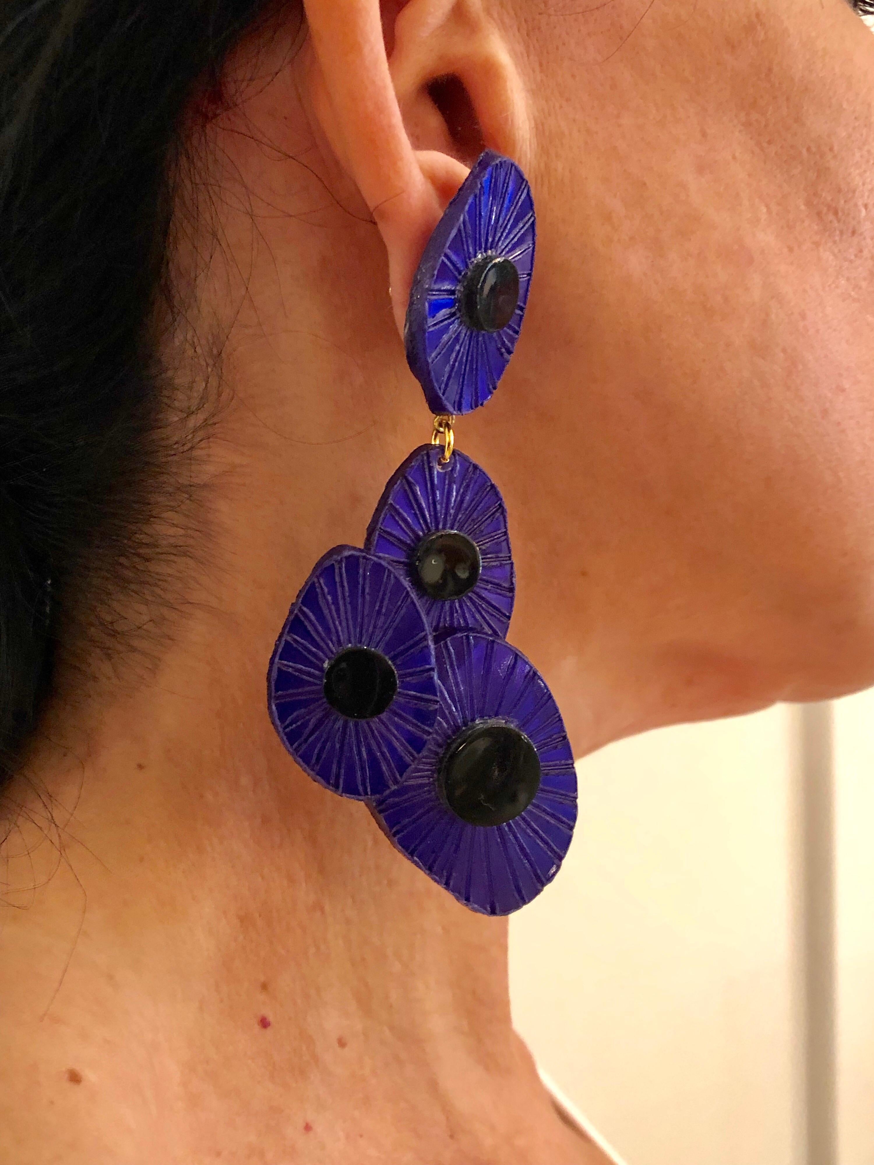 Women's XL Contemporary Black/Blue Abstract Statement Earrings 