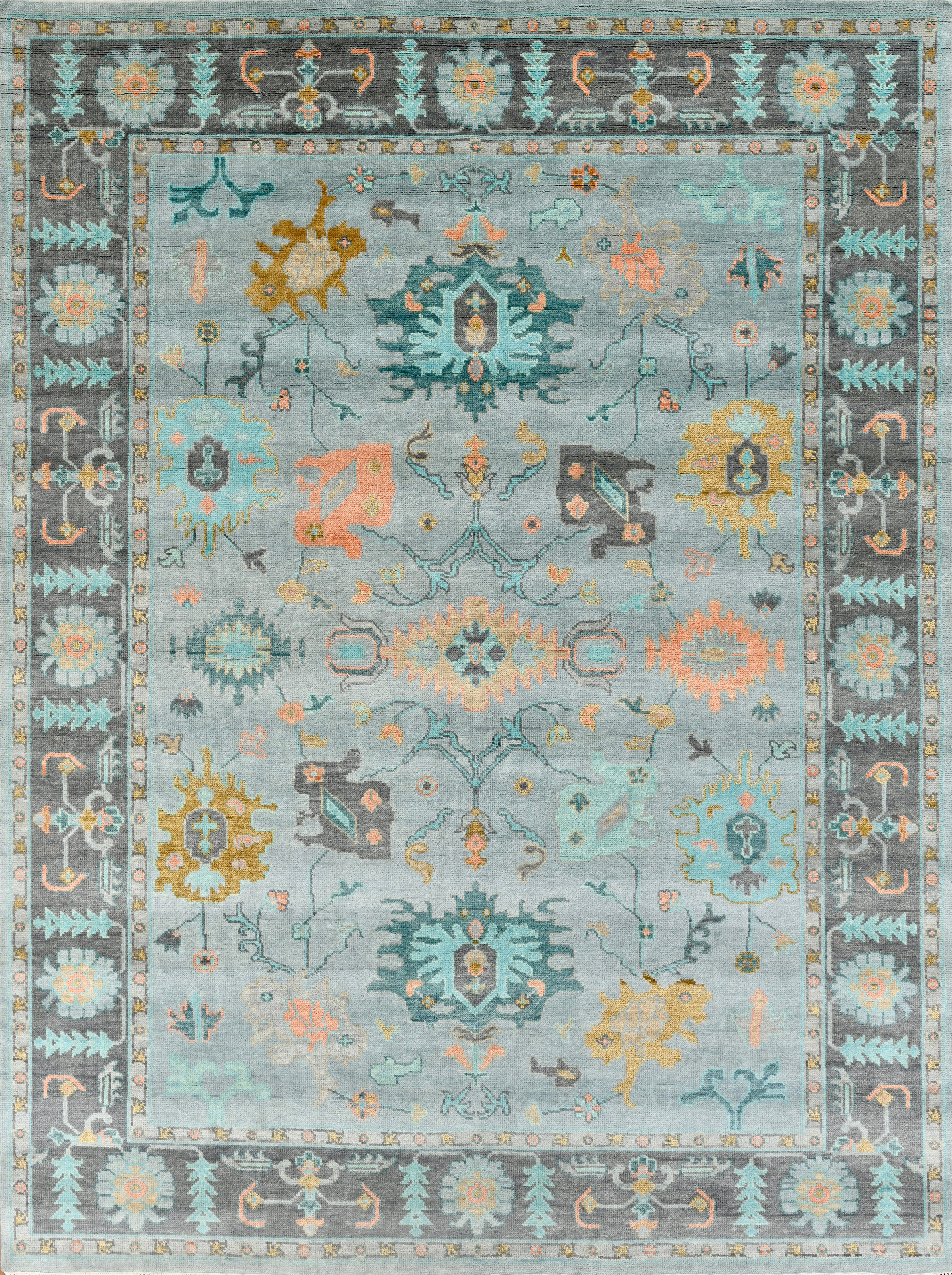 Monumental Contemporary Oushak Hand-Knotted Wool Rug in Light Blue and Charcoal