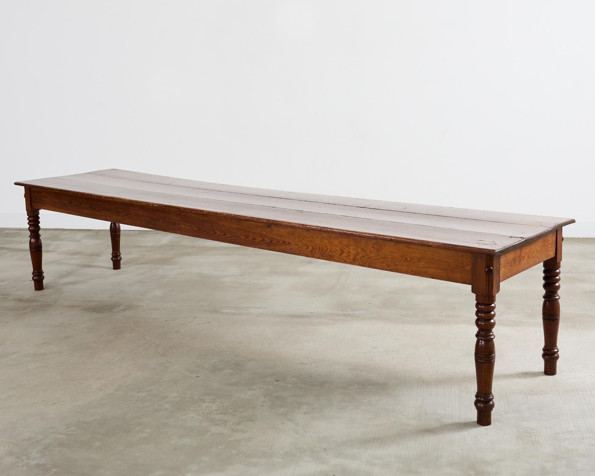 Monumental Country English Pine Farmhouse Dining Harvest Table For Sale 12