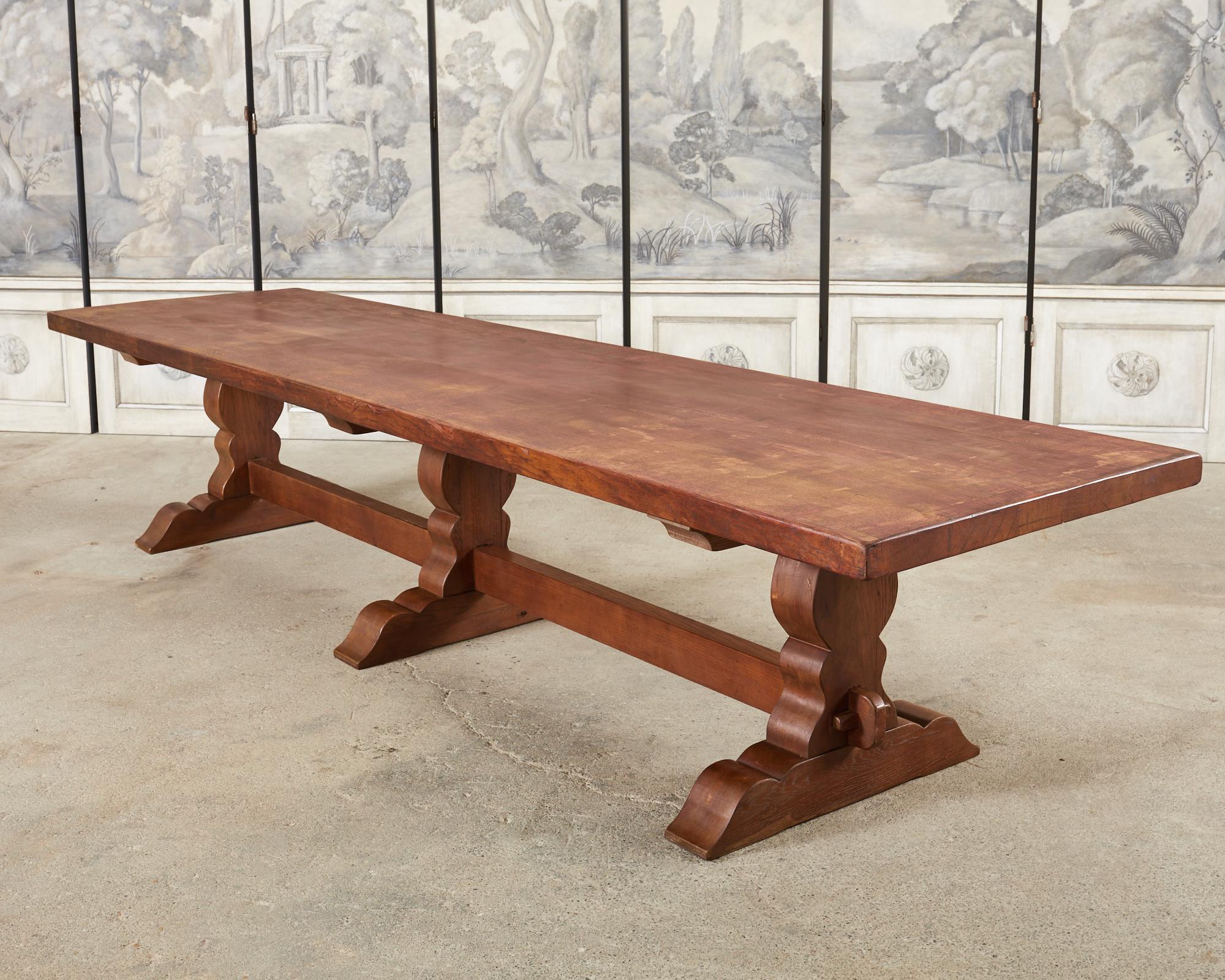 Monumental Country French Provincial Oak Farmhouse Trestle Dining Table For Sale 6