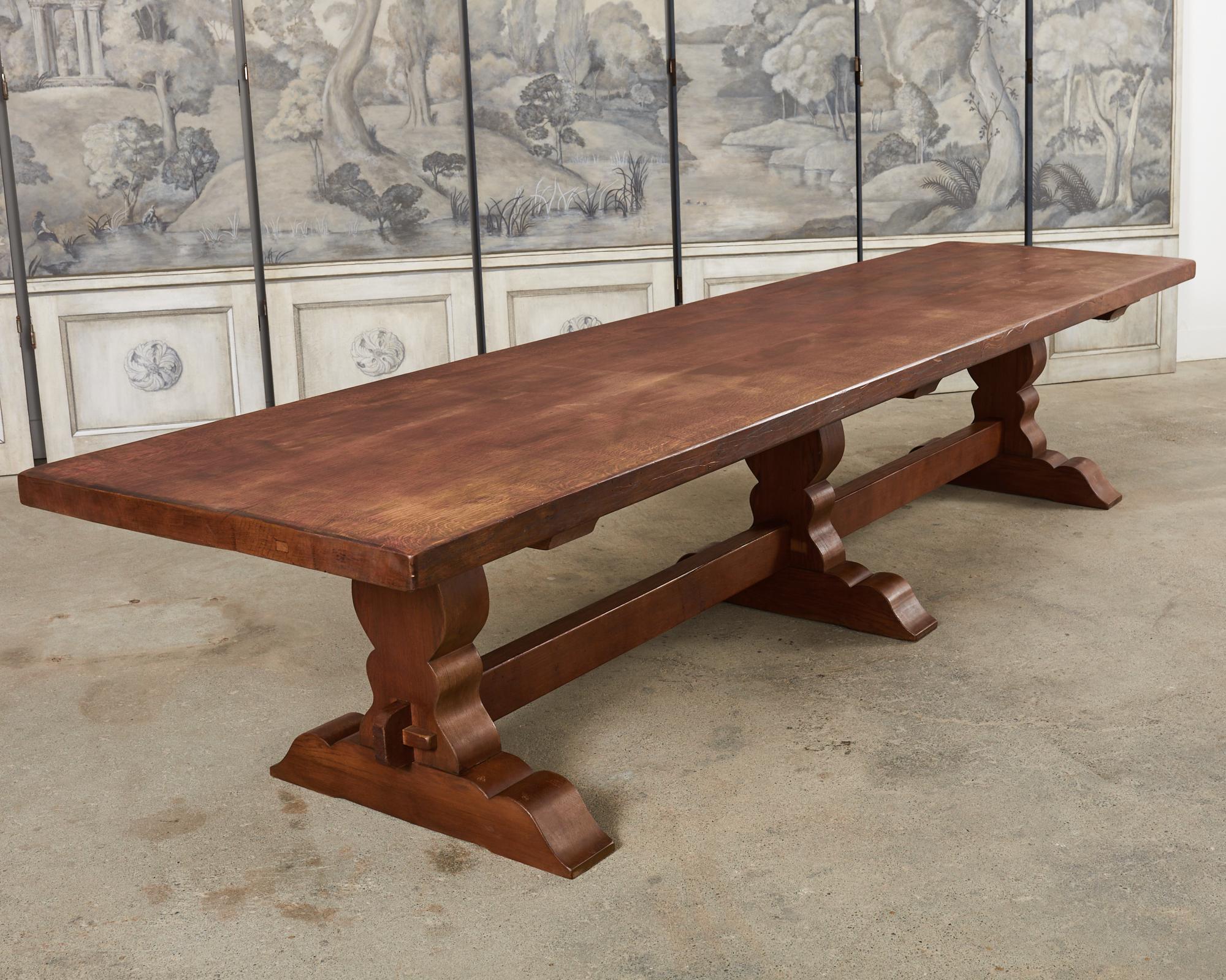 Monumental Country French Provincial Oak Farmhouse Trestle Dining Table For Sale 13