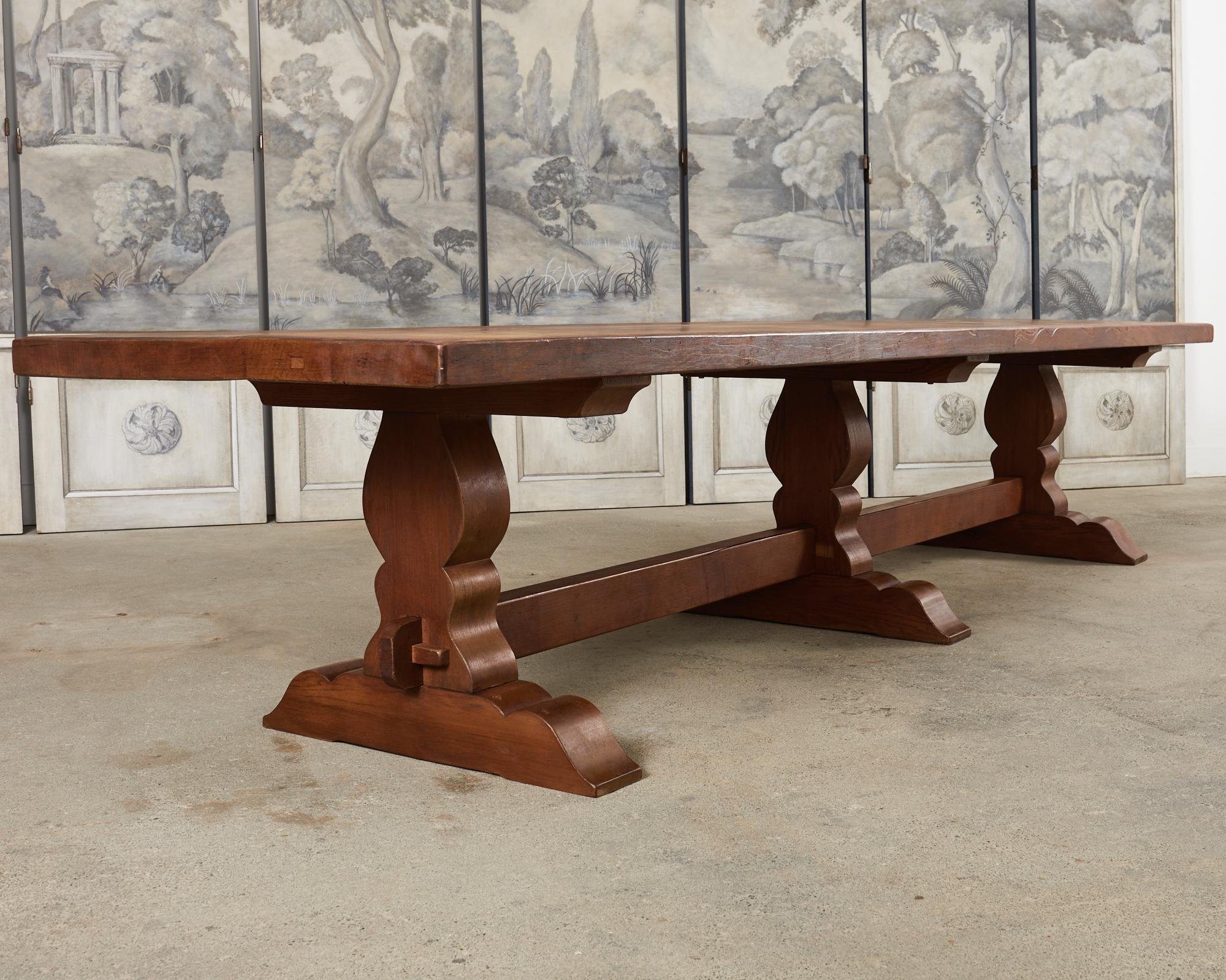 Monumental Country French Provincial Oak Farmhouse Trestle Dining Table For Sale 4