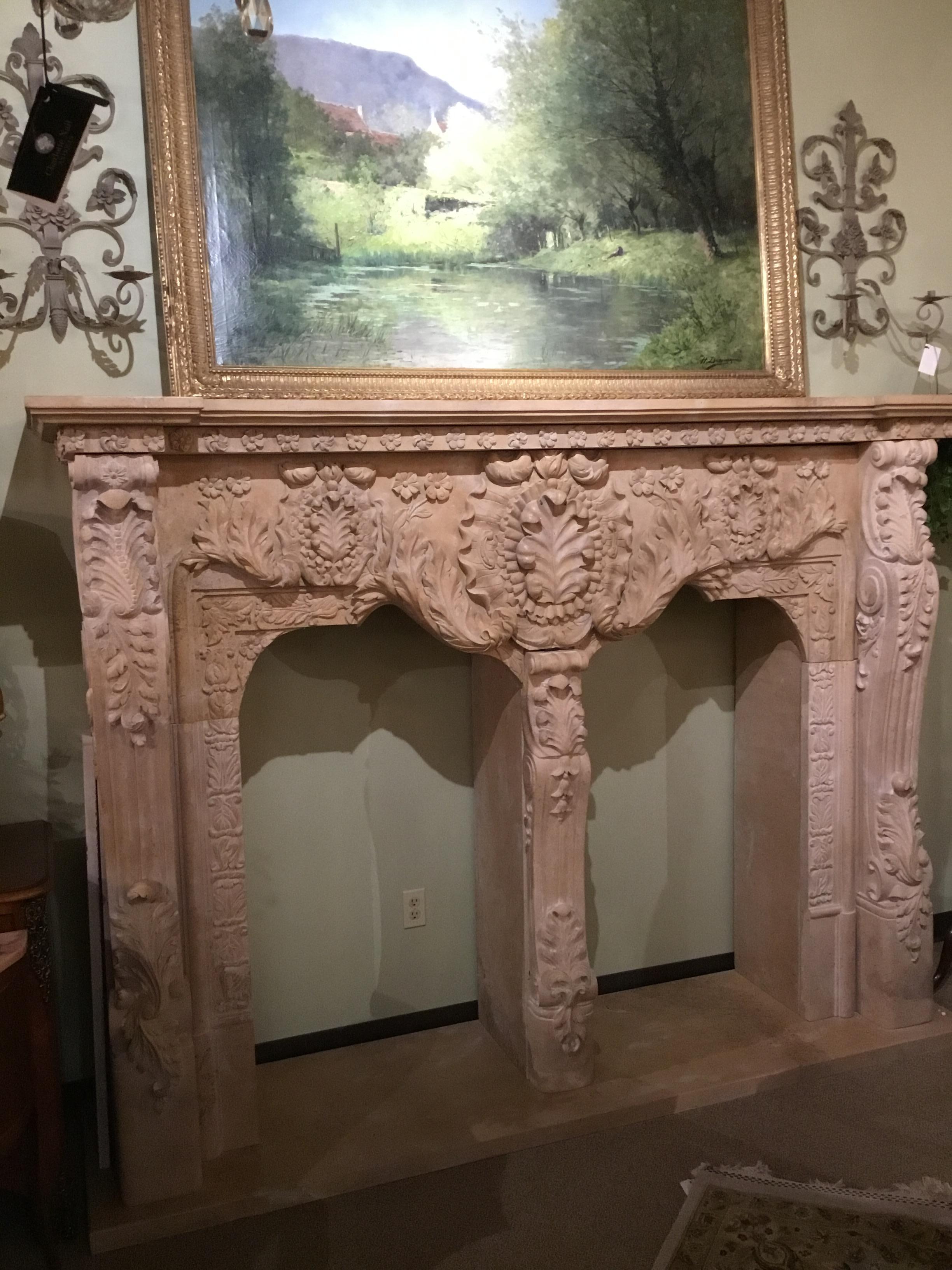 Monumental Cream Marble Mantel, Hand Carved For Sale 5