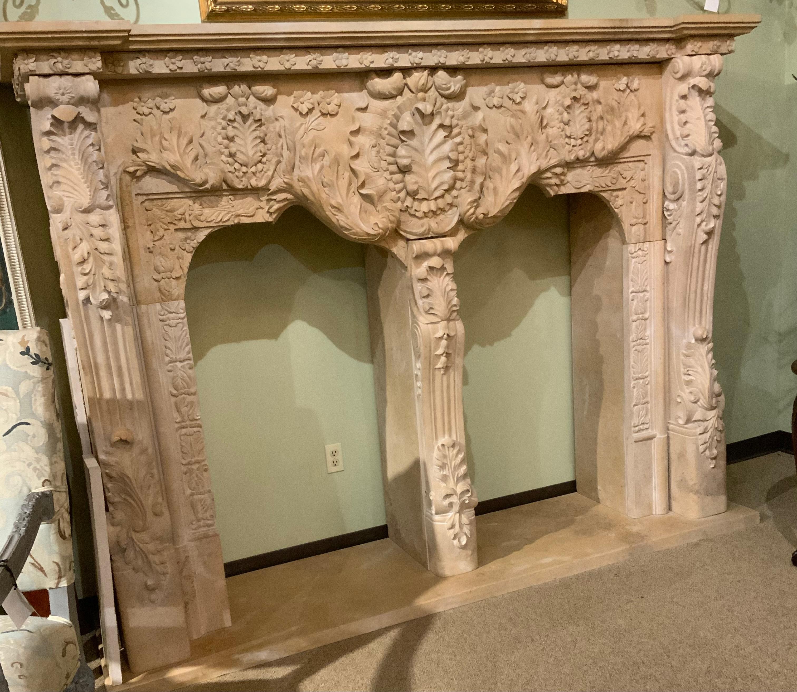 Monumental Cream Marble Mantel, Hand Carved 9