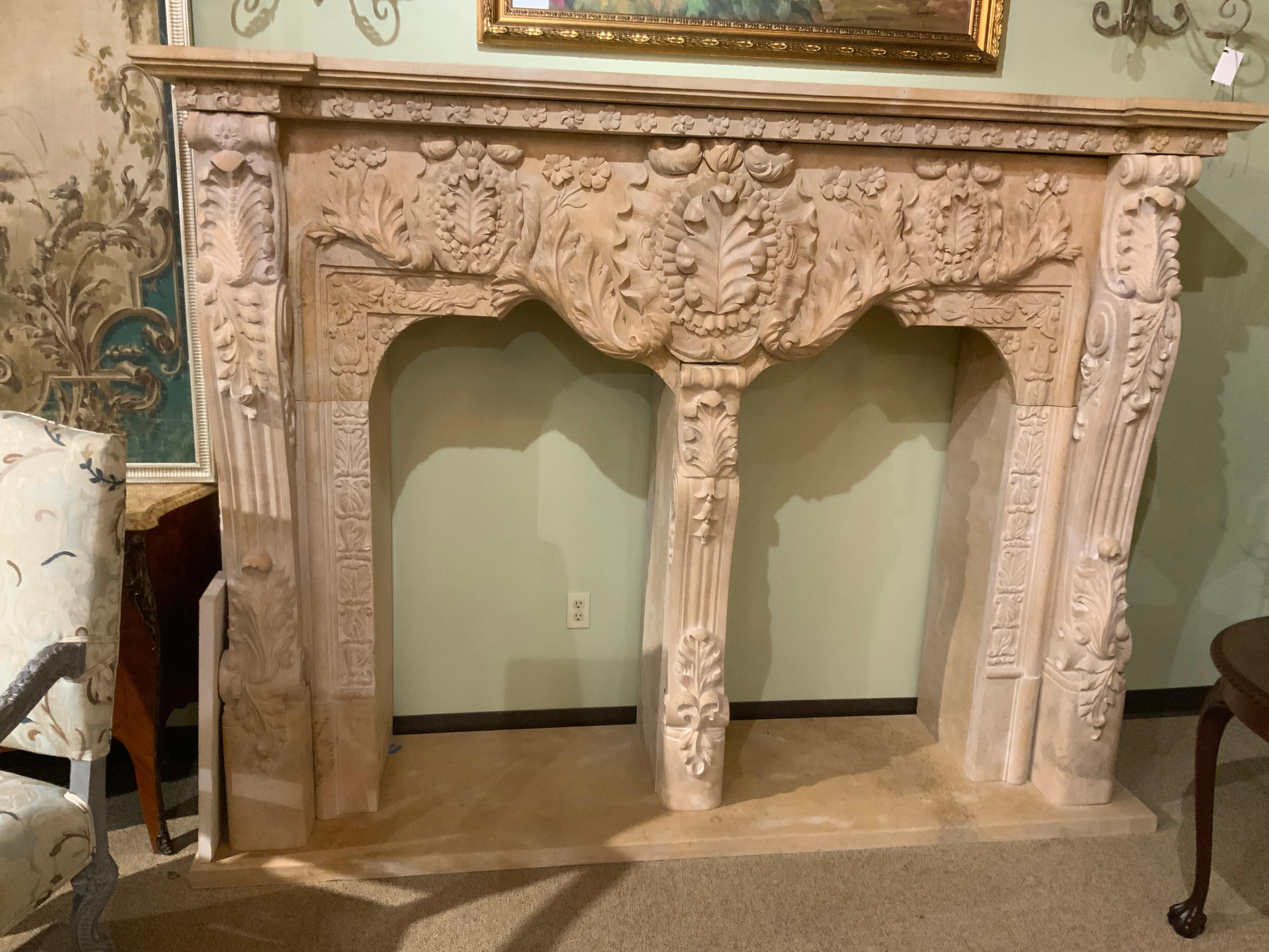 Monumental Cream Marble Mantel, Hand Carved 12
