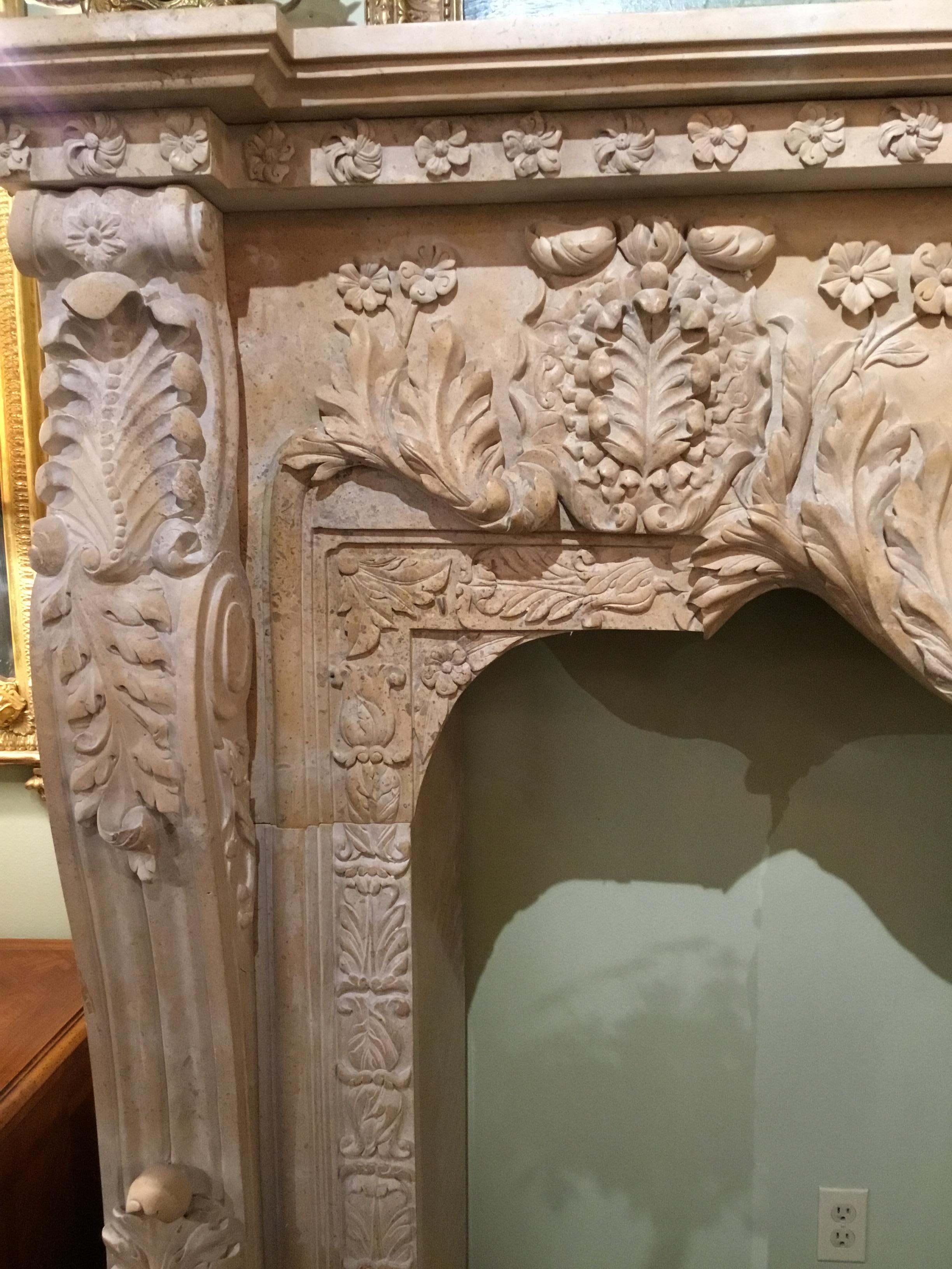 Chinese Monumental Cream Marble Mantel, Hand Carved For Sale