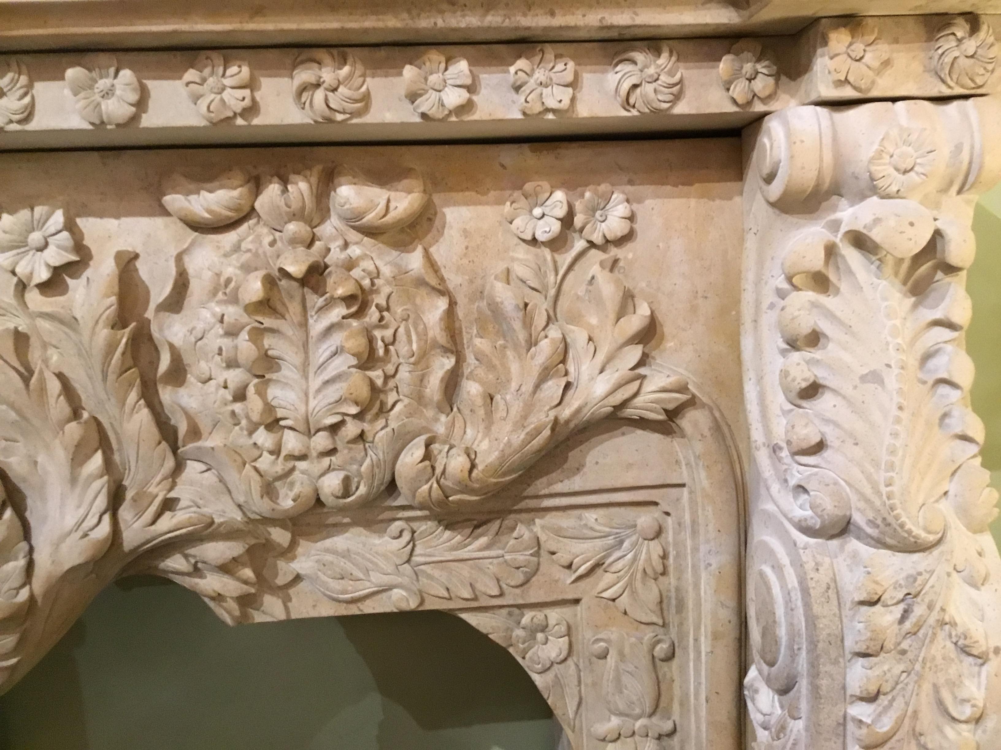 Monumental Cream Marble Mantel, Hand Carved In New Condition For Sale In Houston, TX