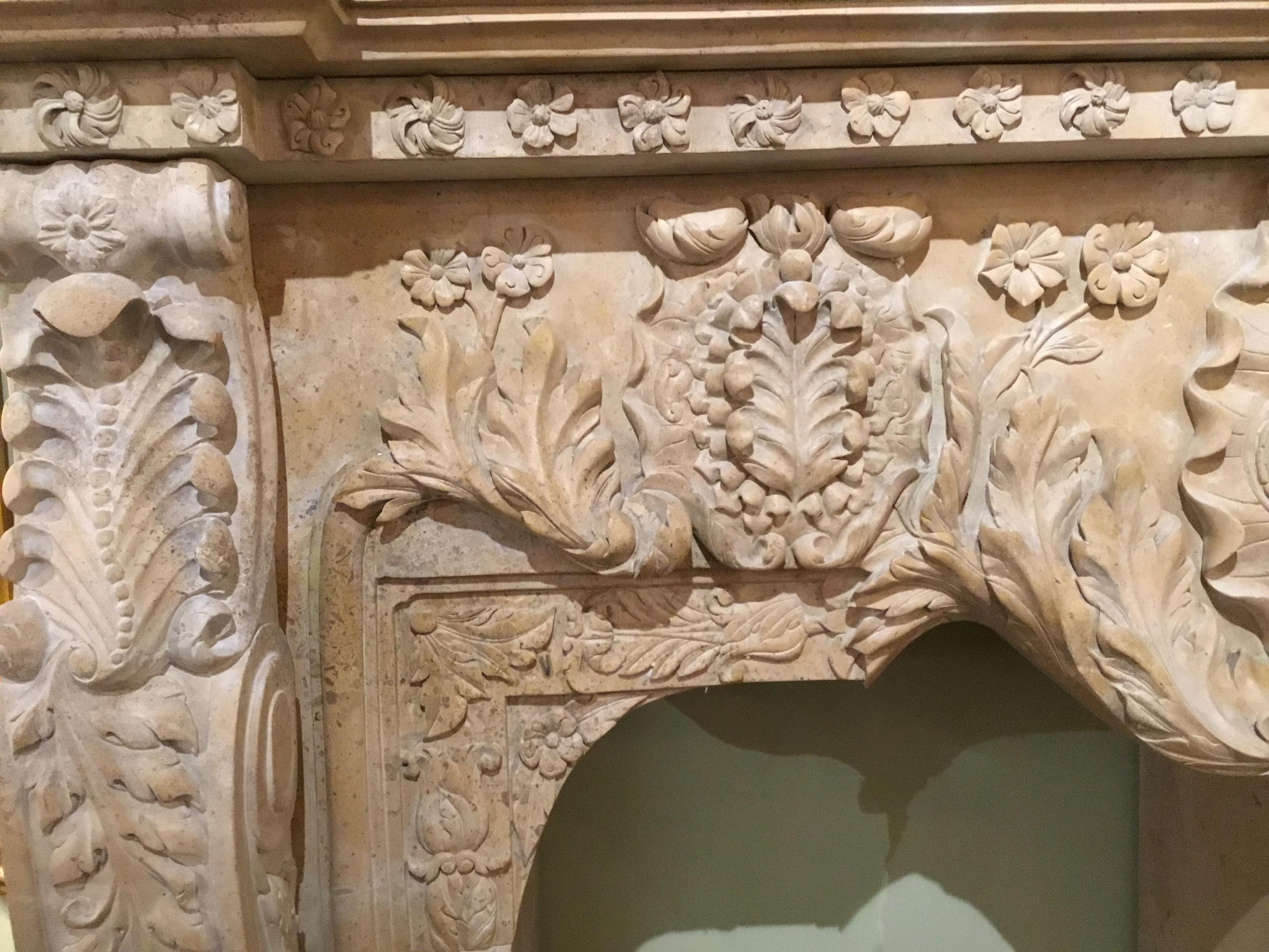 Contemporary Monumental Cream Marble Mantel, Hand Carved For Sale