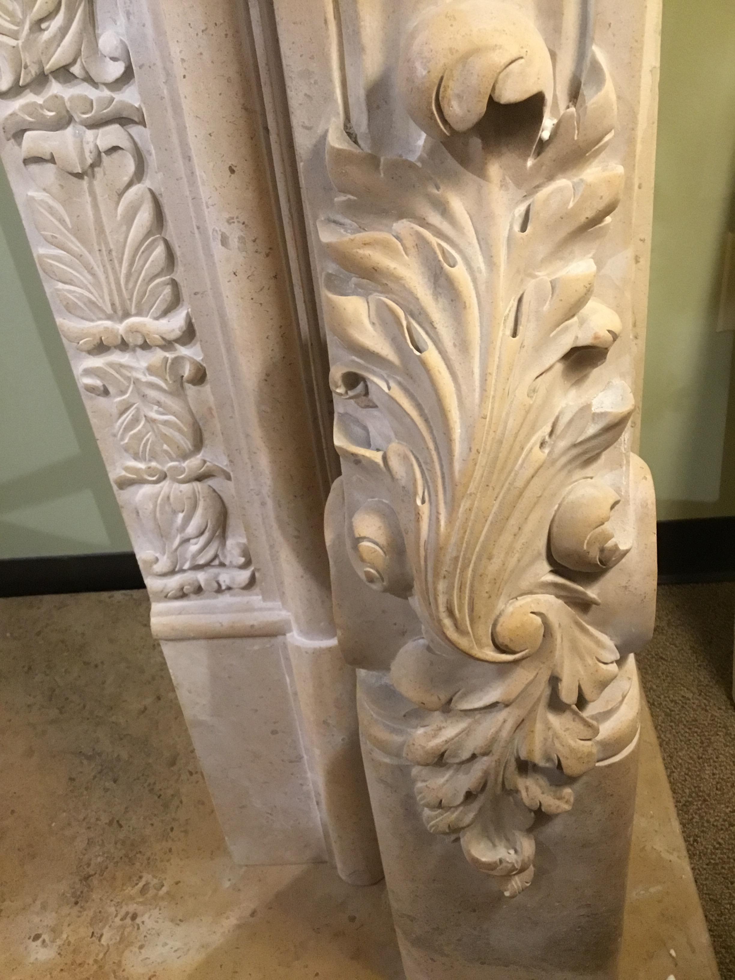 Monumental Cream Marble Mantel, Hand Carved For Sale 1
