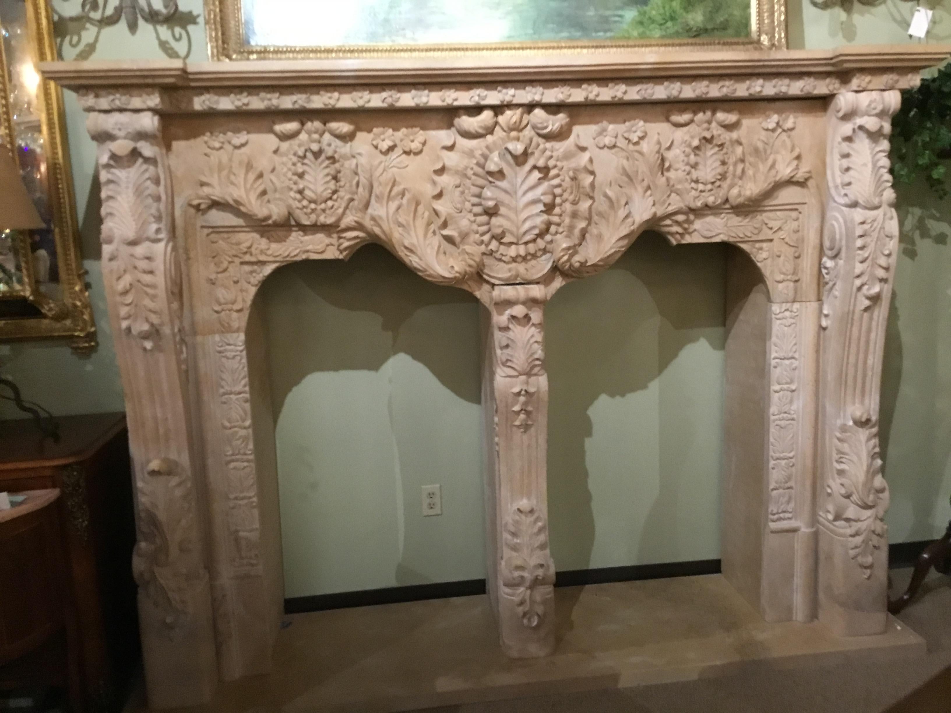 Monumental Cream Marble Mantel, Hand Carved For Sale 3
