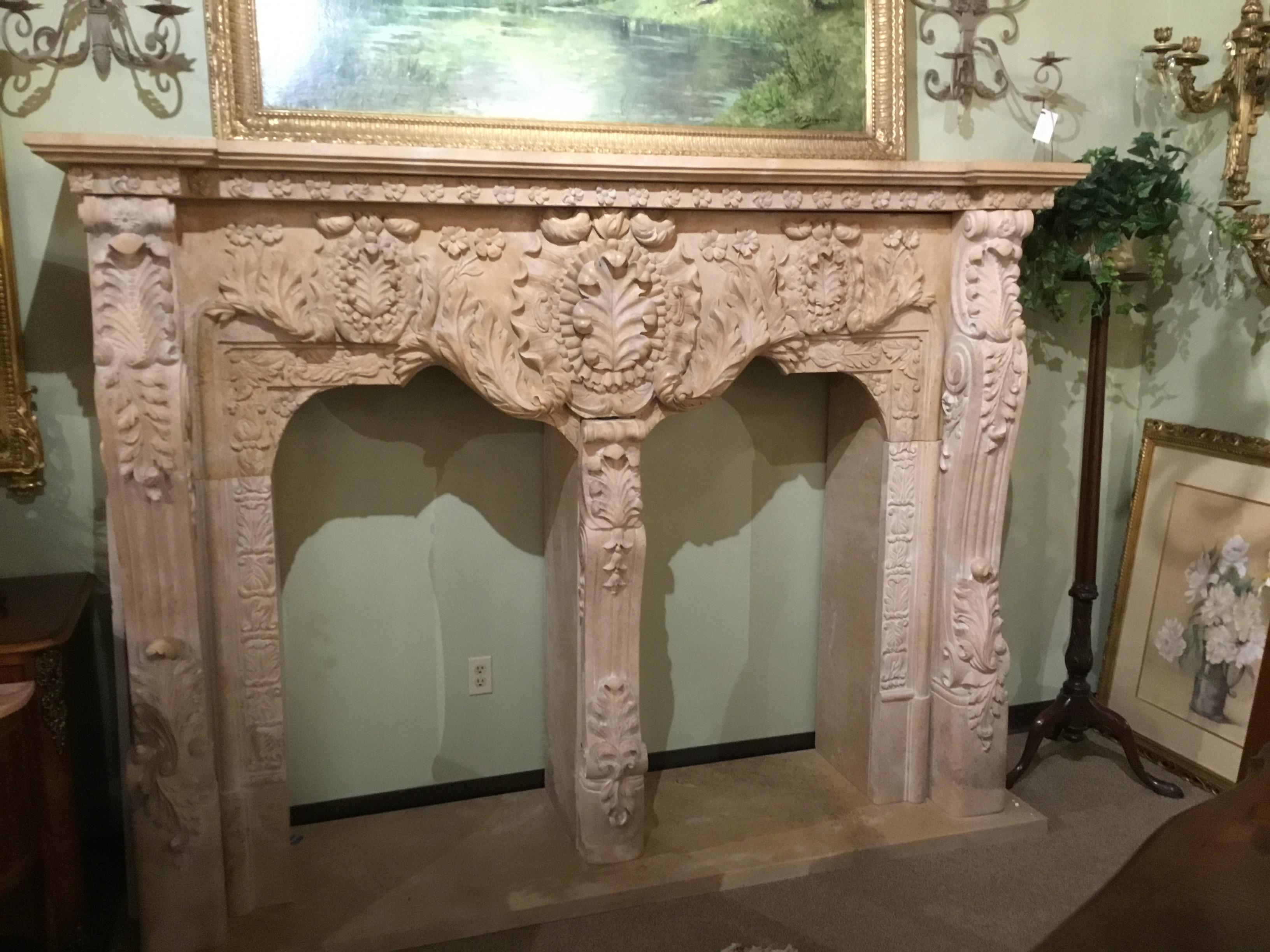 Monumental Cream Marble Mantel, Hand Carved For Sale 4